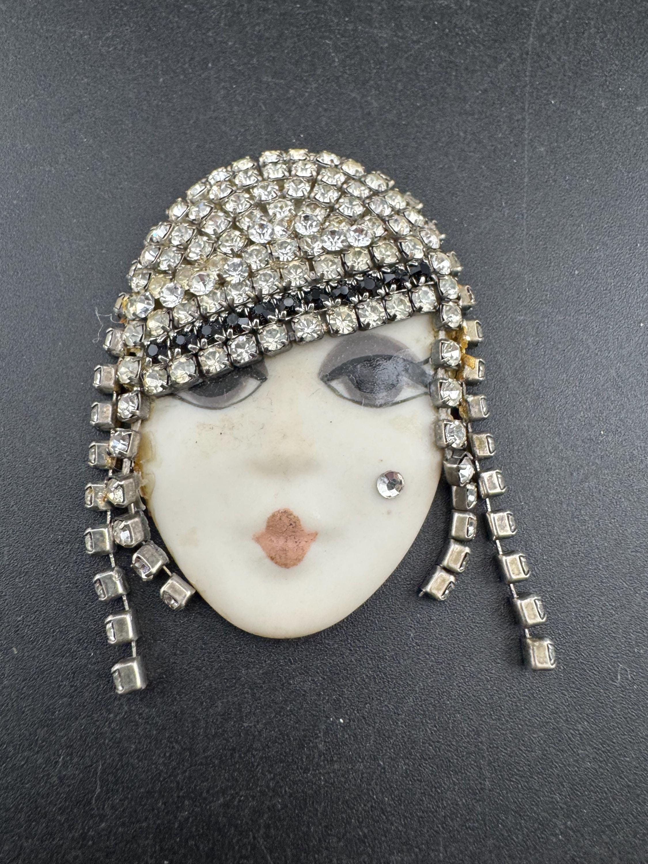 Signed Vintage porcelain rhinestone ceramic flapper face brooch: art deco lady pin