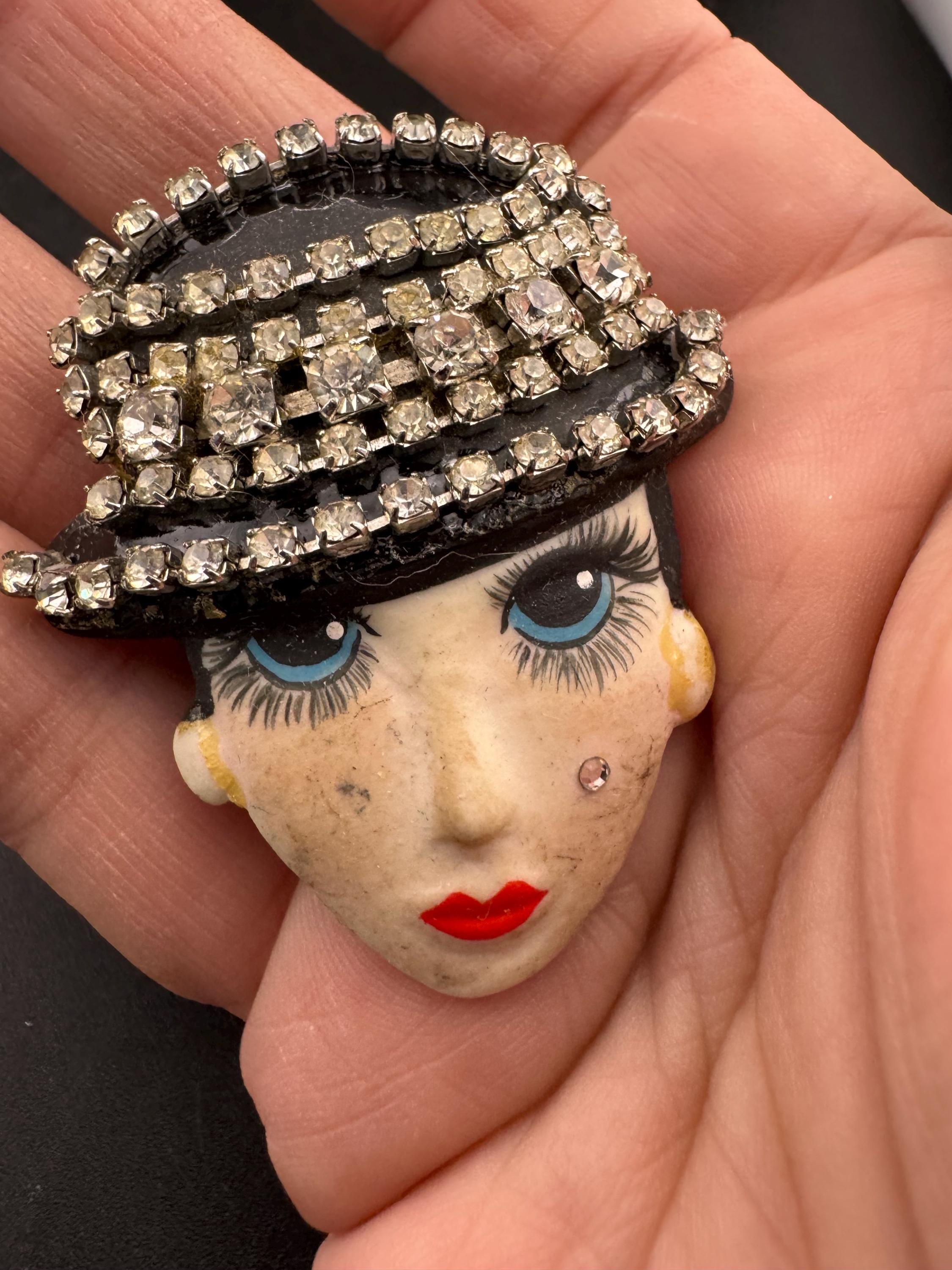 Signed Vintage porcelain rhinestone ceramic flapper face brooch: art deco lady pin