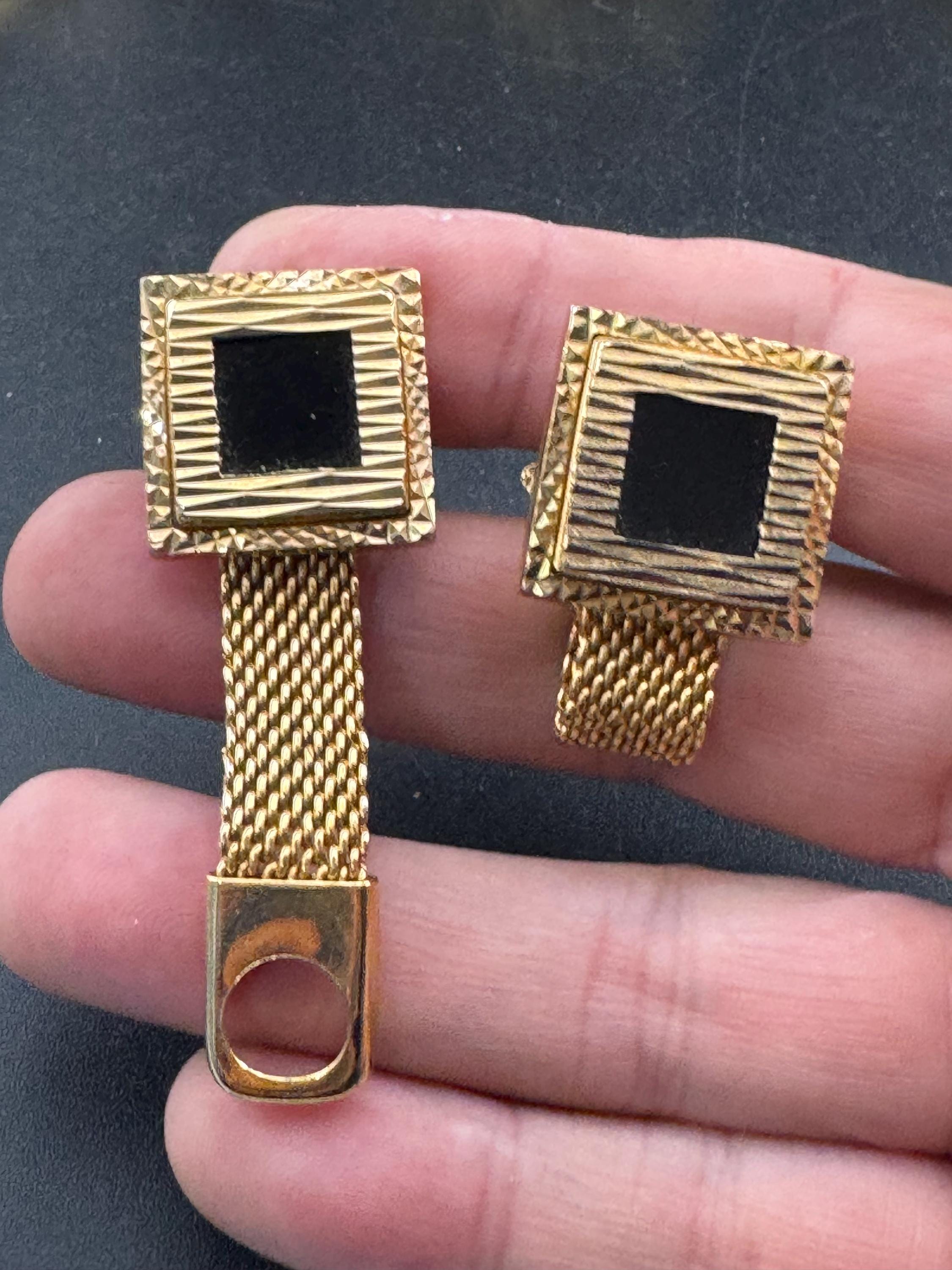 Vintage men’s gold mesh cufflinks with black stones, Brutalist 1970s