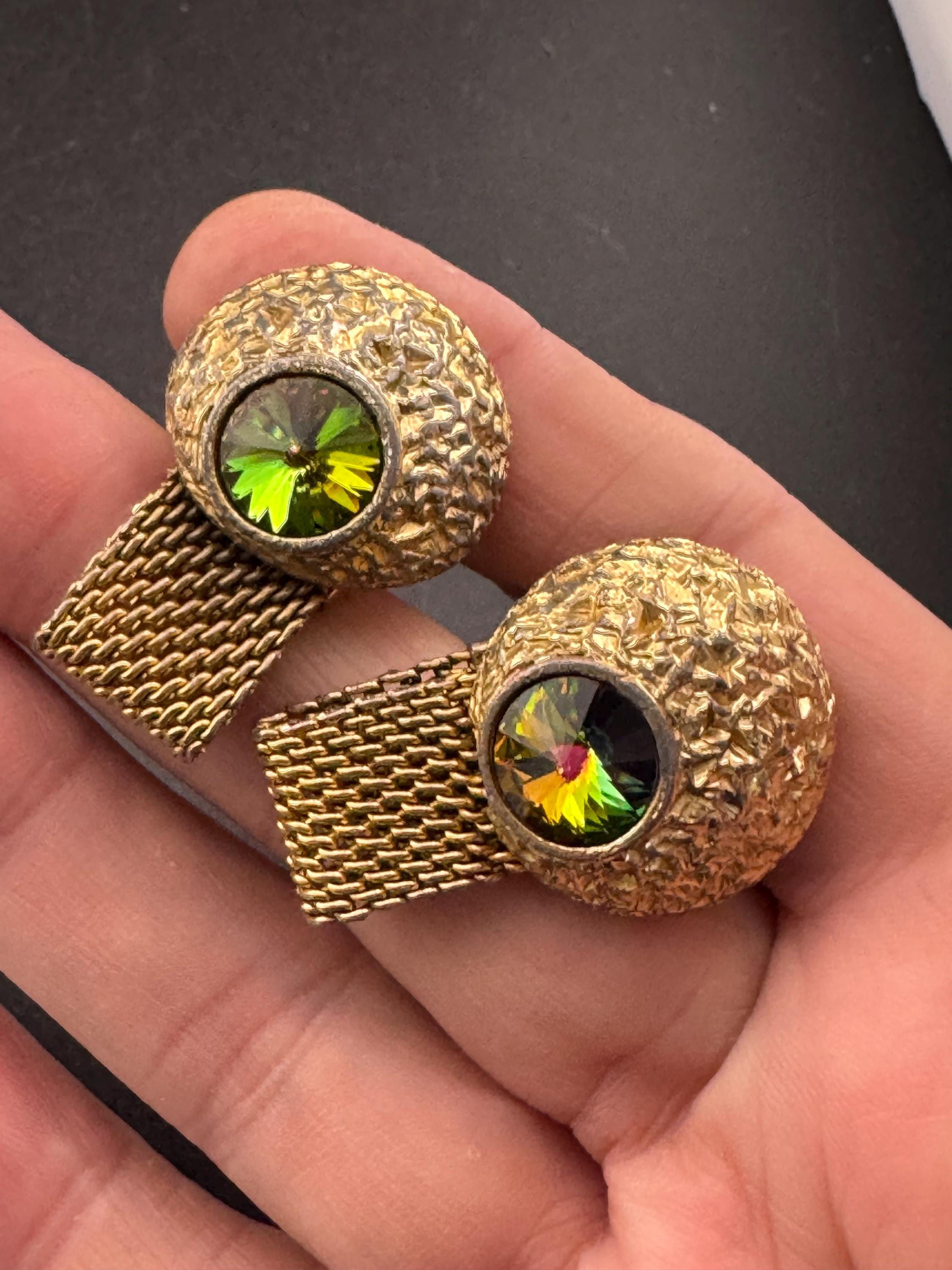 Vintage men’s gold mesh cufflinks with Rivoli crystal Rhinestones, Brutalist 1970s
