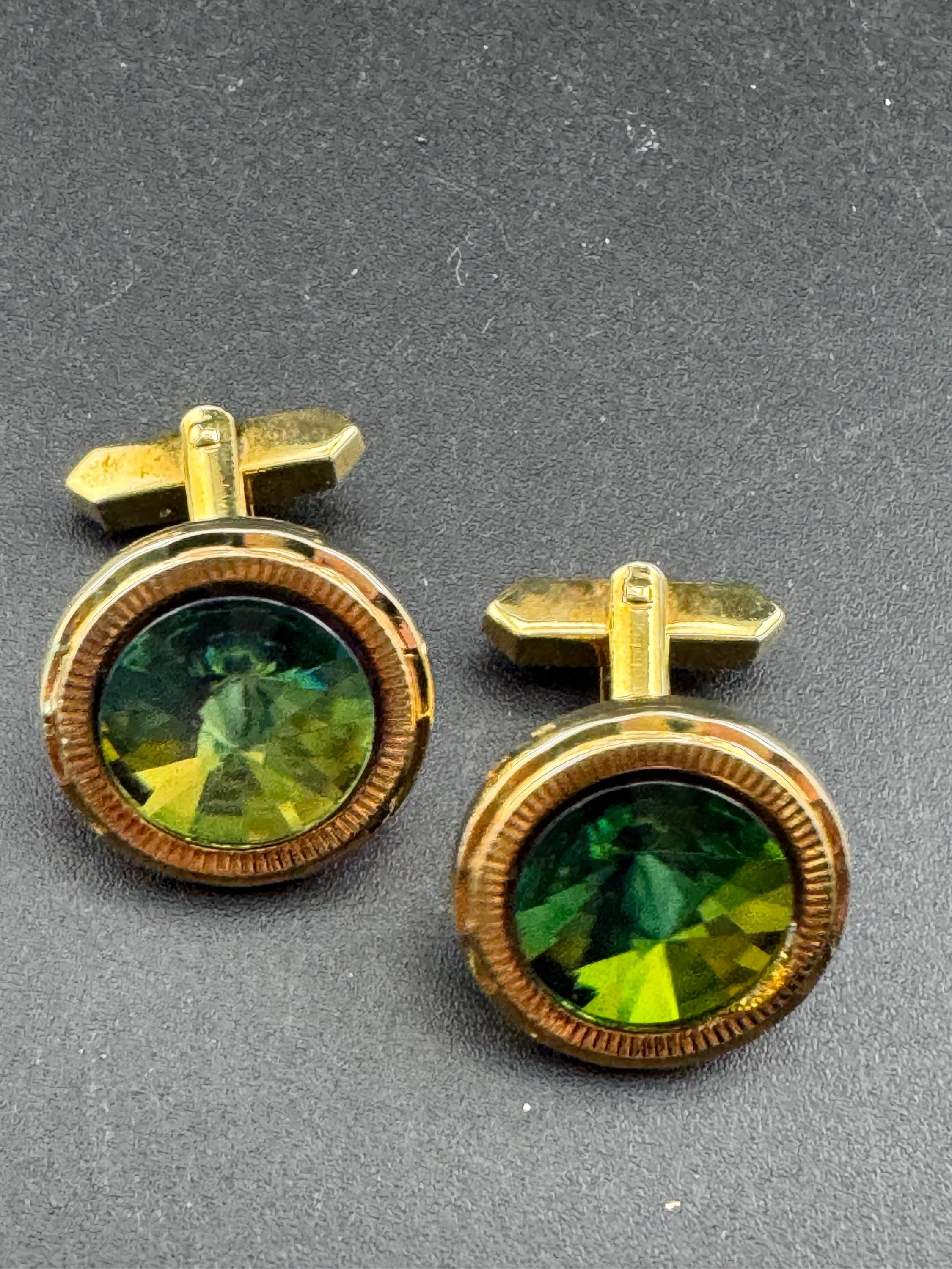 Vintage men’s gold cufflinks with green Rivoli crystal Rhinestones, Brutalist 1970s