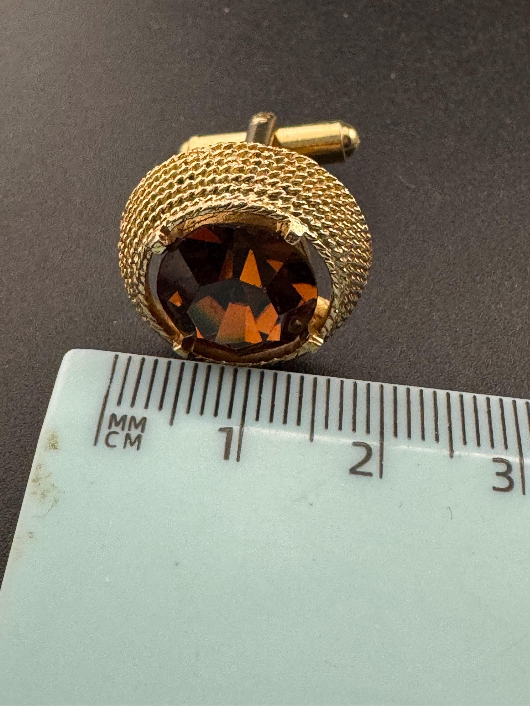 Vintage men’s gold cufflinks with brown cognac glass crystal Rhinestones, Brutalist 1970s