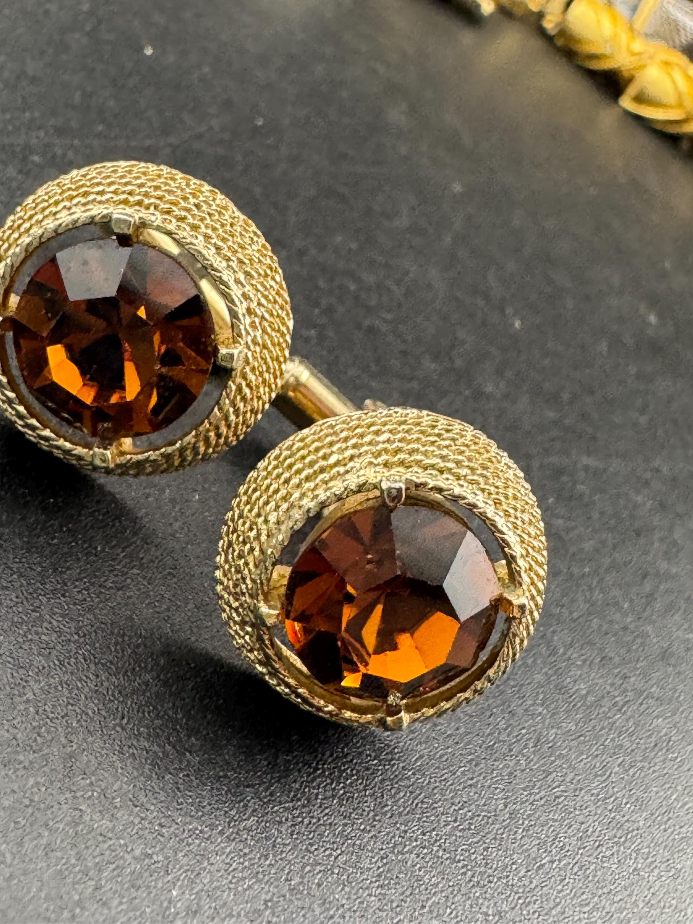 Vintage men’s gold cufflinks with brown cognac glass crystal Rhinestones, Brutalist 1970s