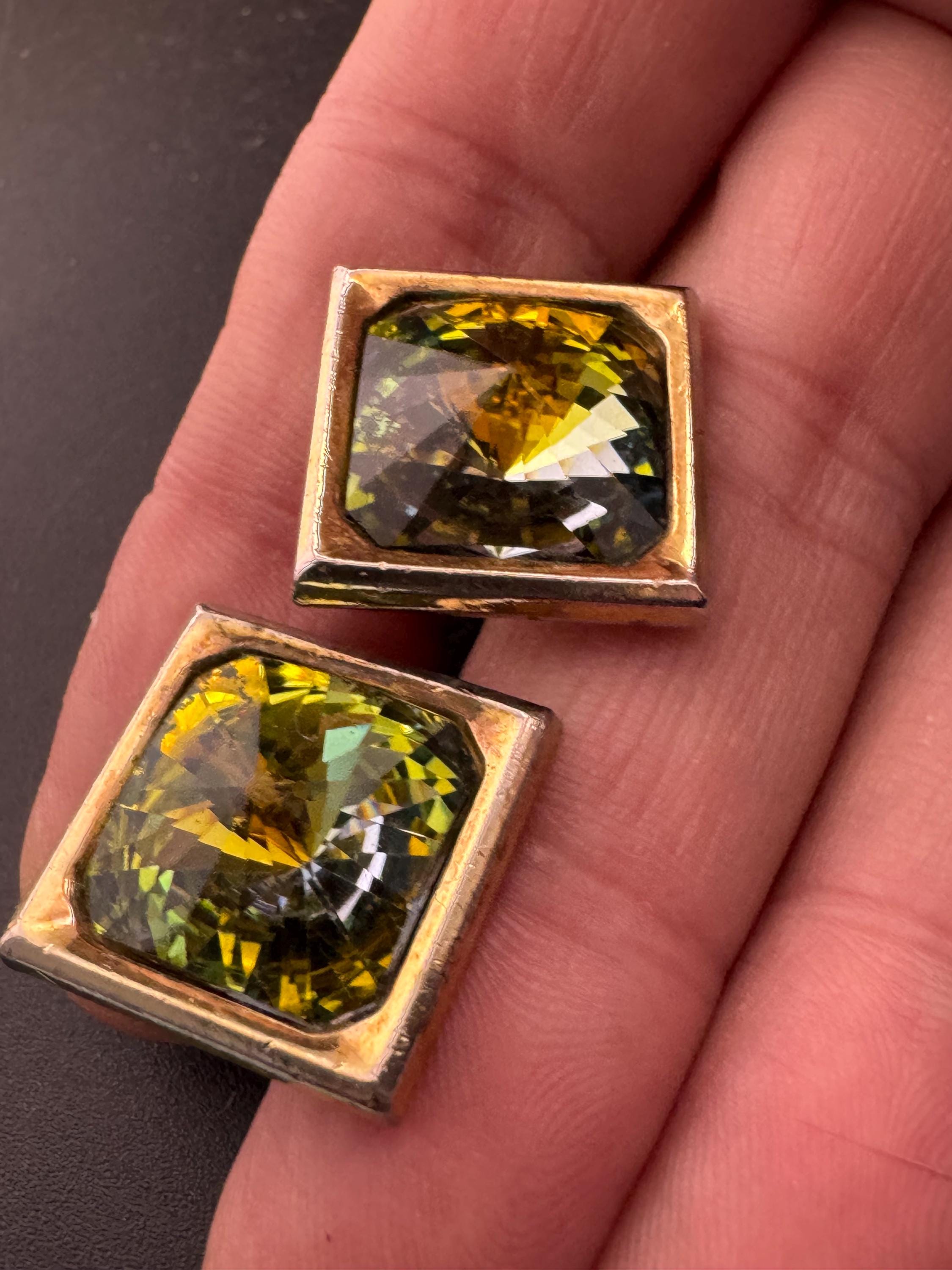 Vintage men’s gold cufflinks with green Rivoli crystal Rhinestones, Brutalist 1970s