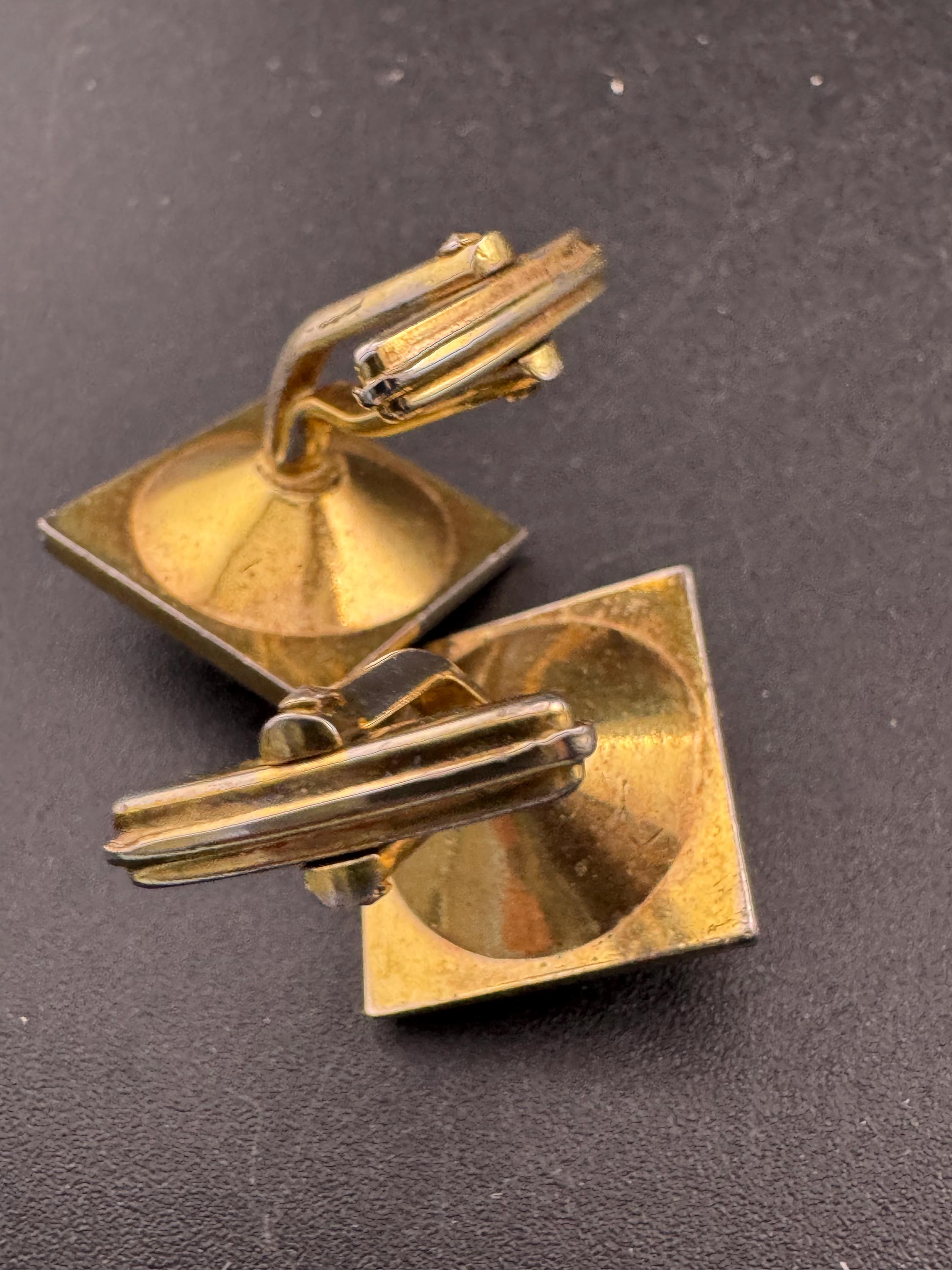 Vintage men’s gold cufflinks with green Rivoli crystal Rhinestones, Brutalist 1970s