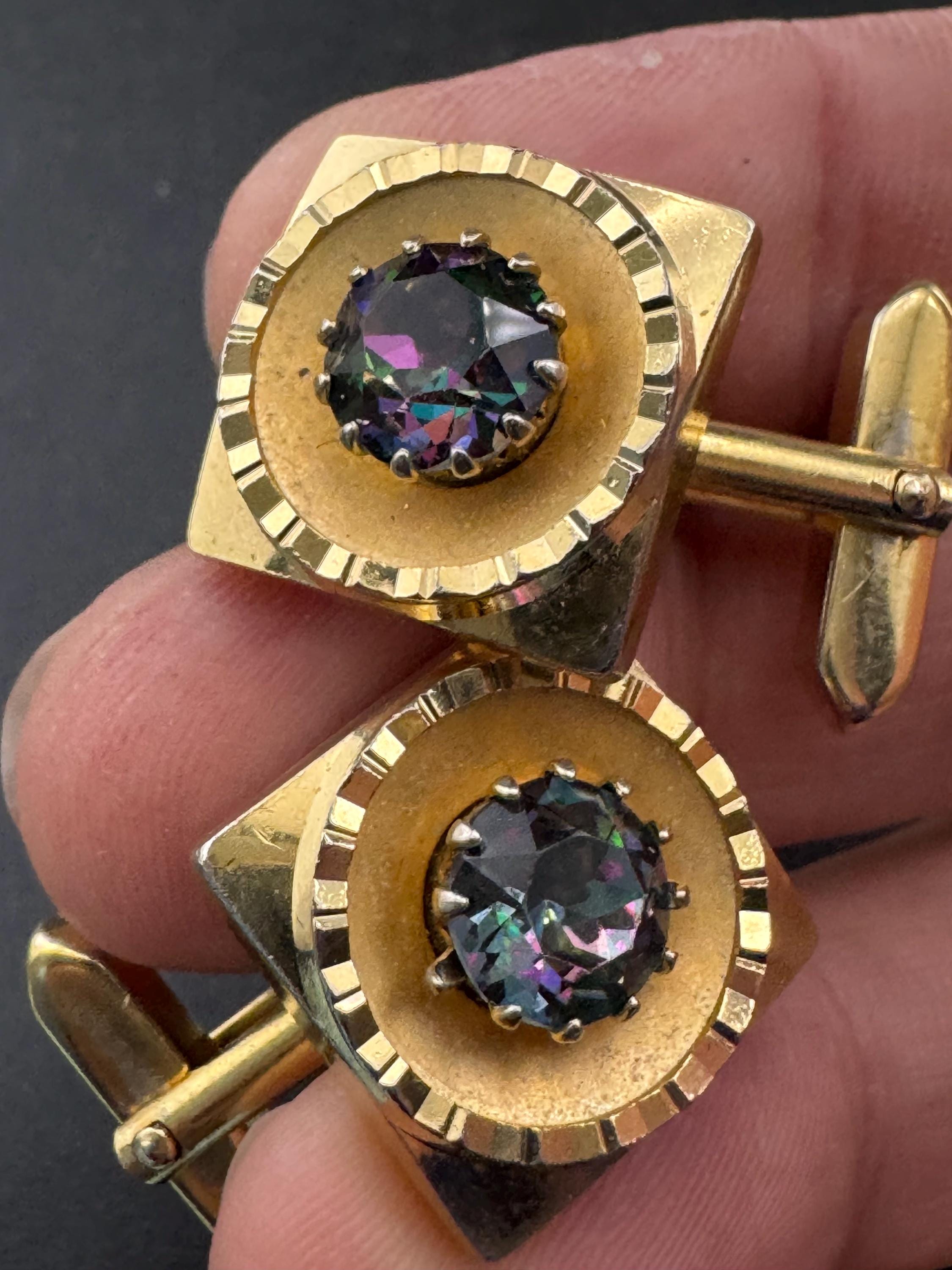 Vintage men’s gold cufflinks with purple rainbow crystal Rhinestones, Brutalist 1970s