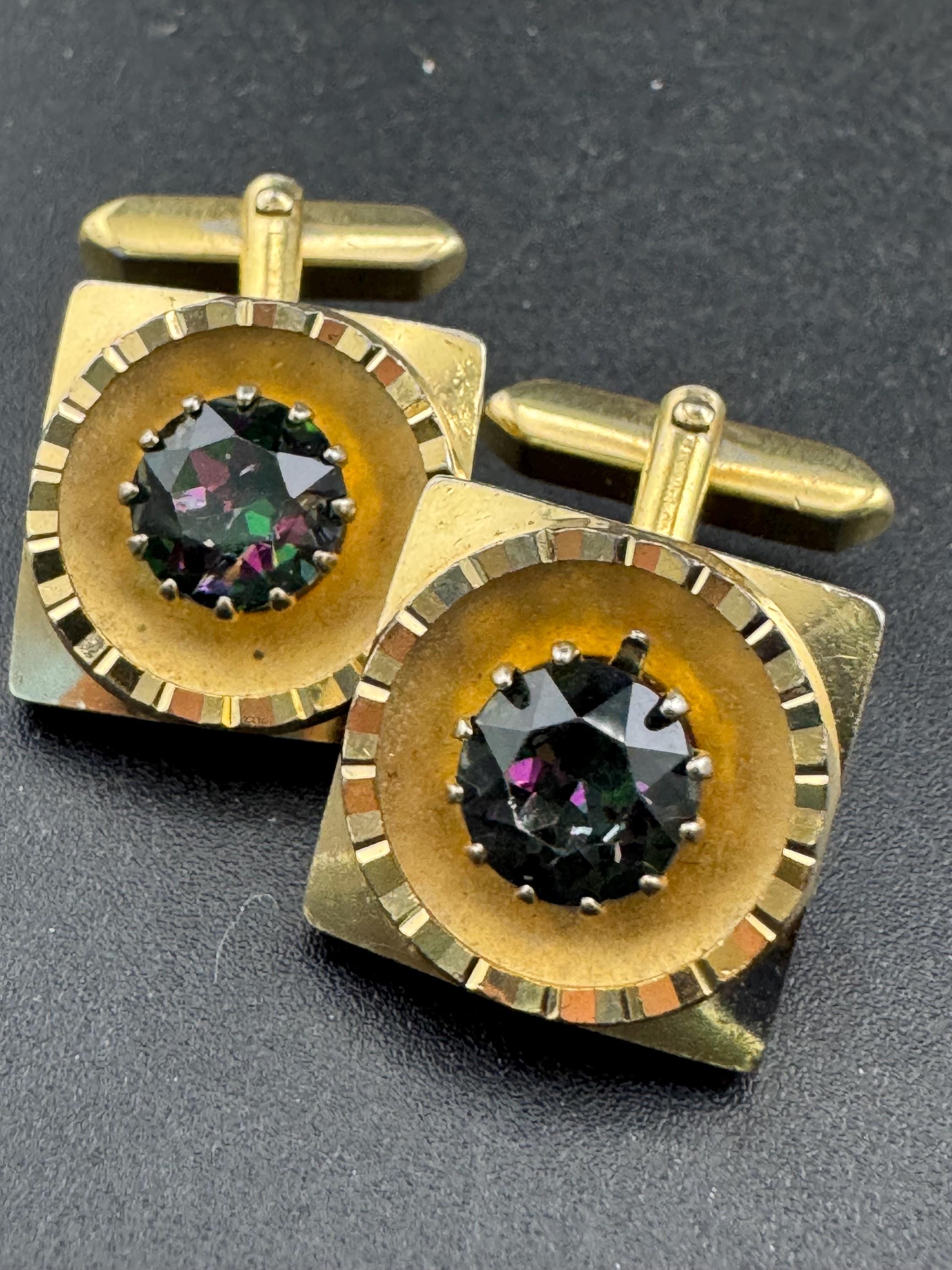 Vintage men’s gold cufflinks with purple rainbow crystal Rhinestones, Brutalist 1970s