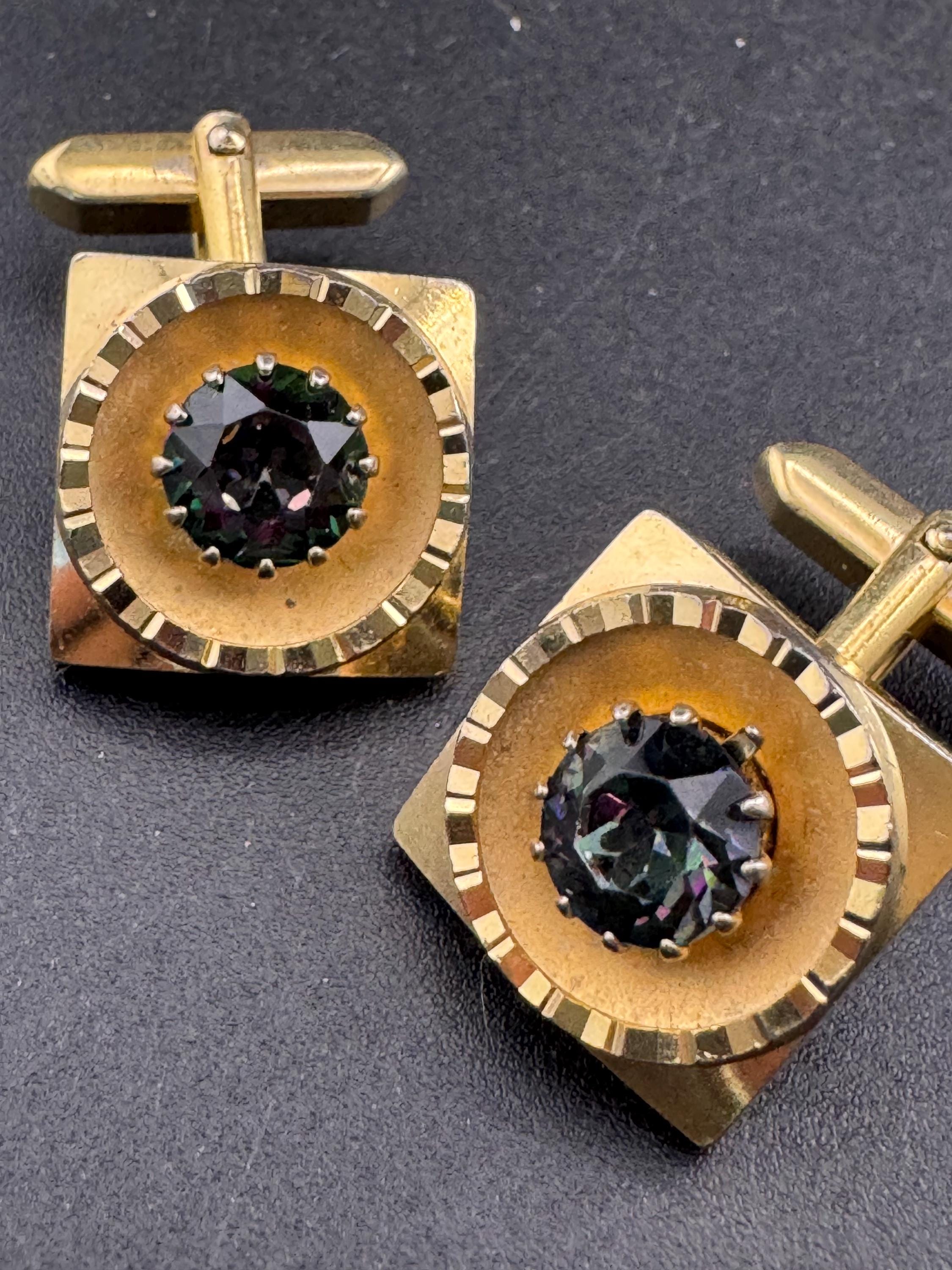 Vintage men’s gold cufflinks with purple rainbow crystal Rhinestones, Brutalist 1970s
