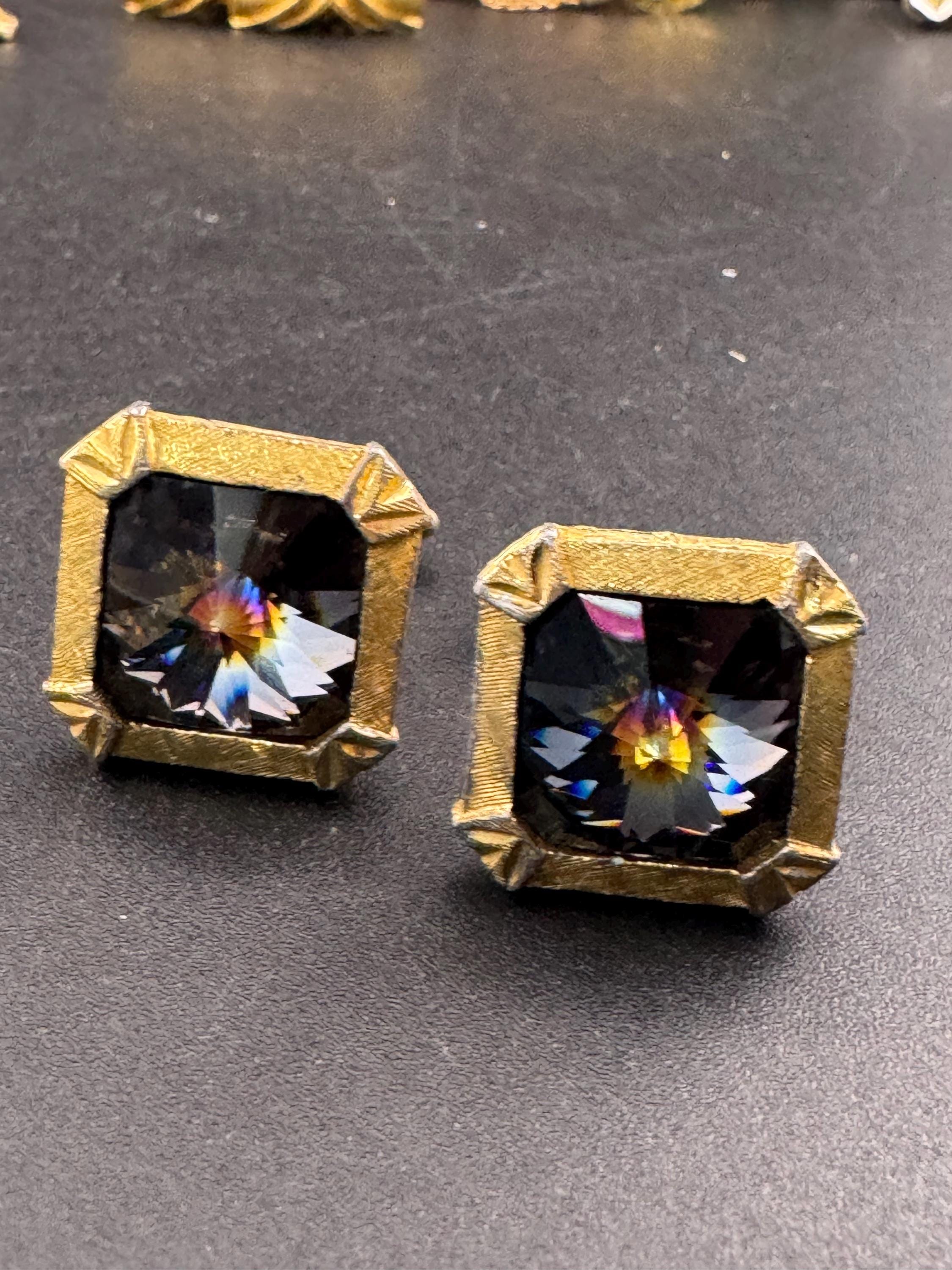 Vintage men’s gold cufflinks with grey rainbow crystal Rhinestones, Brutalist 1970s