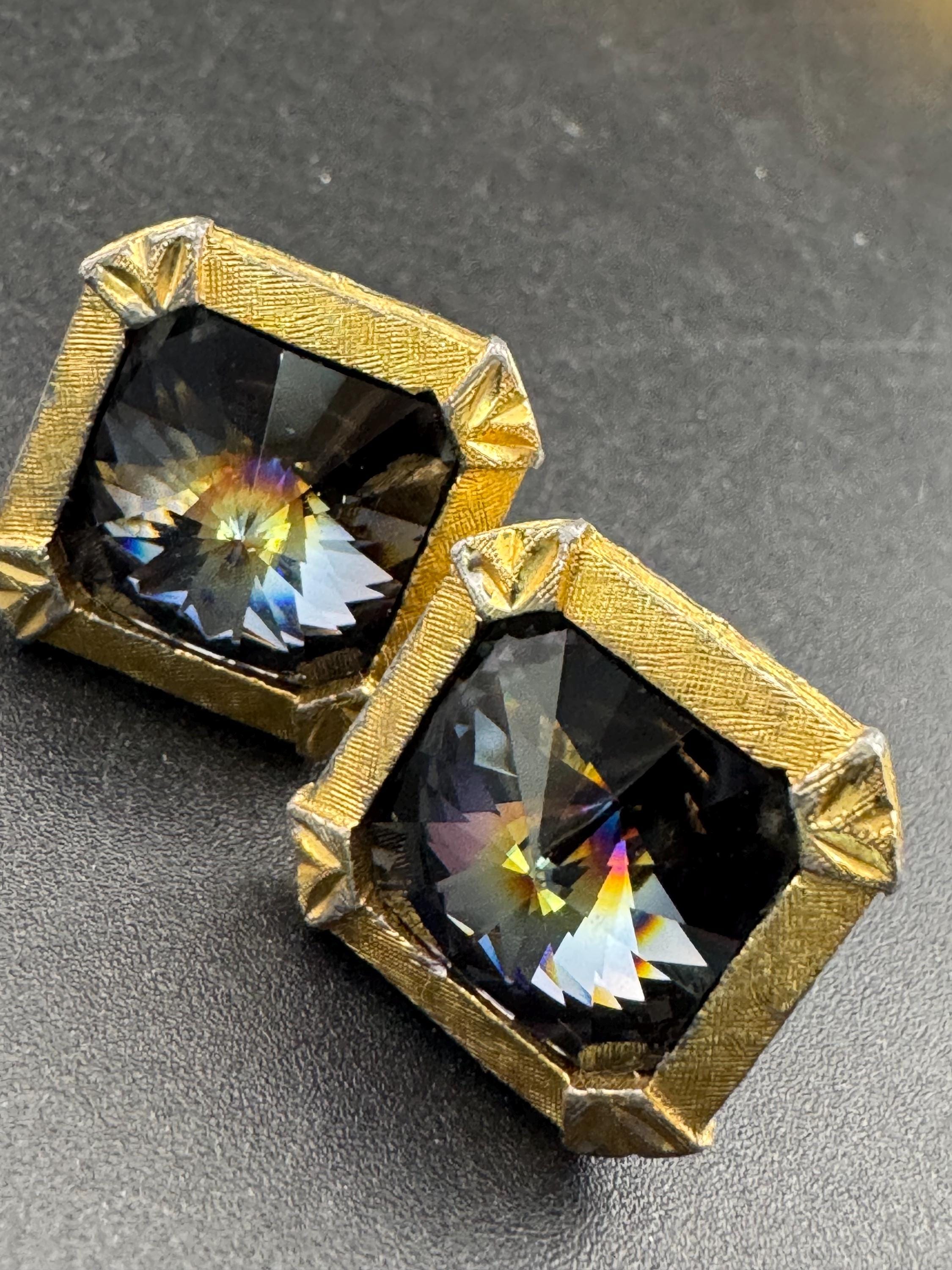 Vintage men’s gold cufflinks with grey rainbow crystal Rhinestones, Brutalist 1970s