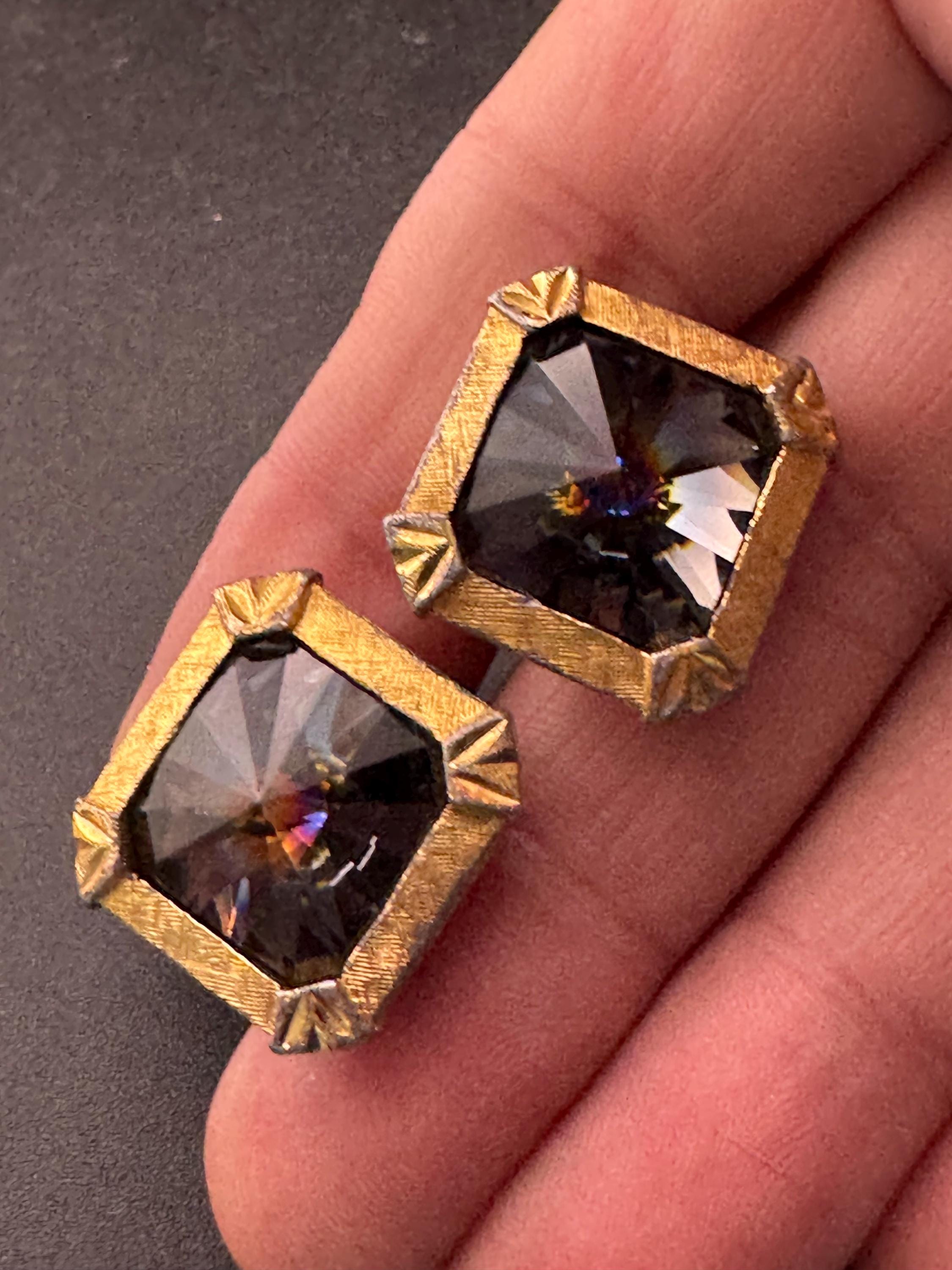 Vintage men’s gold cufflinks with grey rainbow crystal Rhinestones, Brutalist 1970s