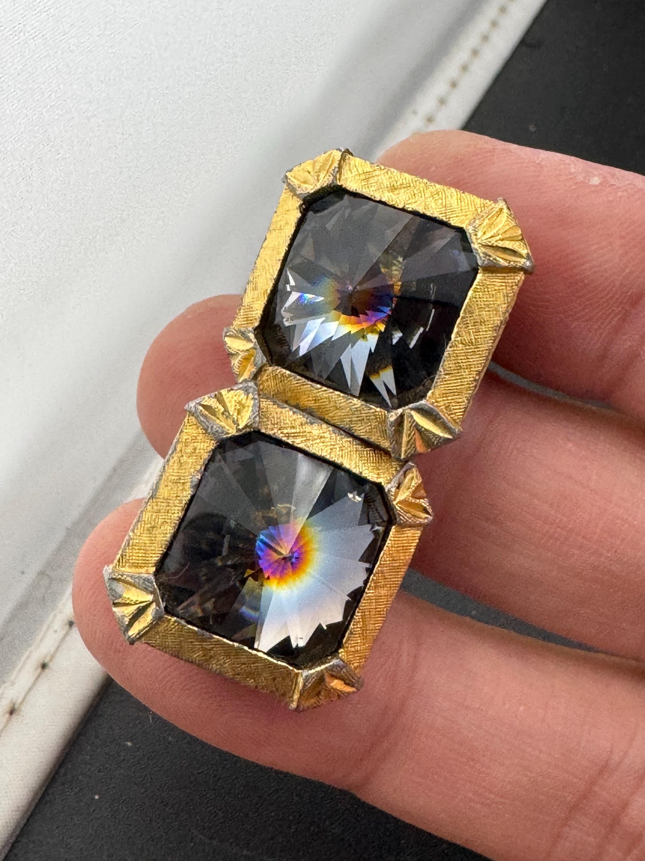 Vintage men’s gold cufflinks with grey rainbow crystal Rhinestones, Brutalist 1970s
