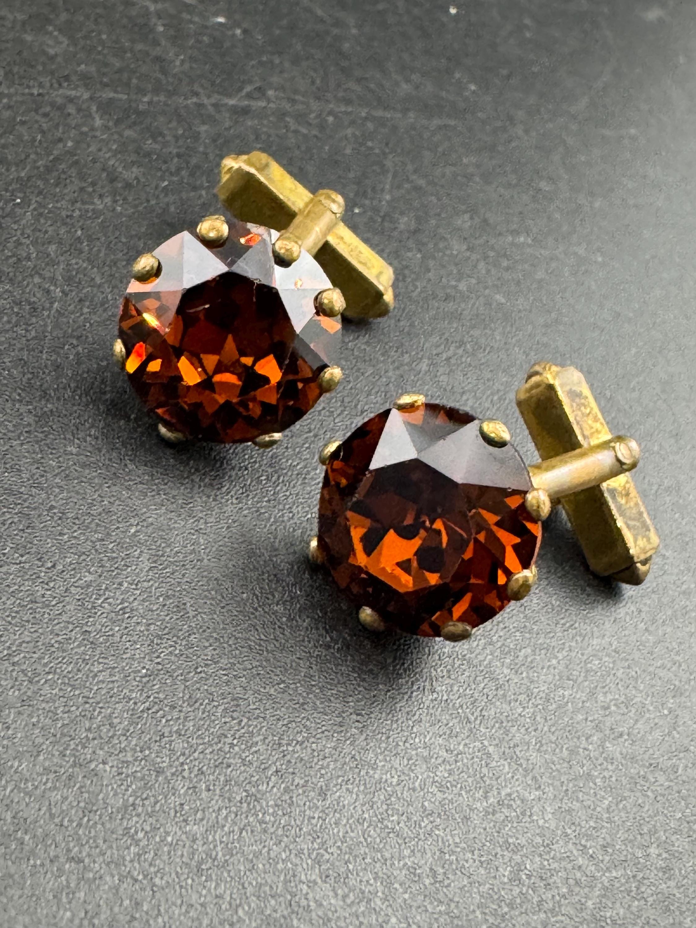 Vintage men’s gold cufflinks with brown cognac glass crystal Rhinestones, Brutalist 1970s