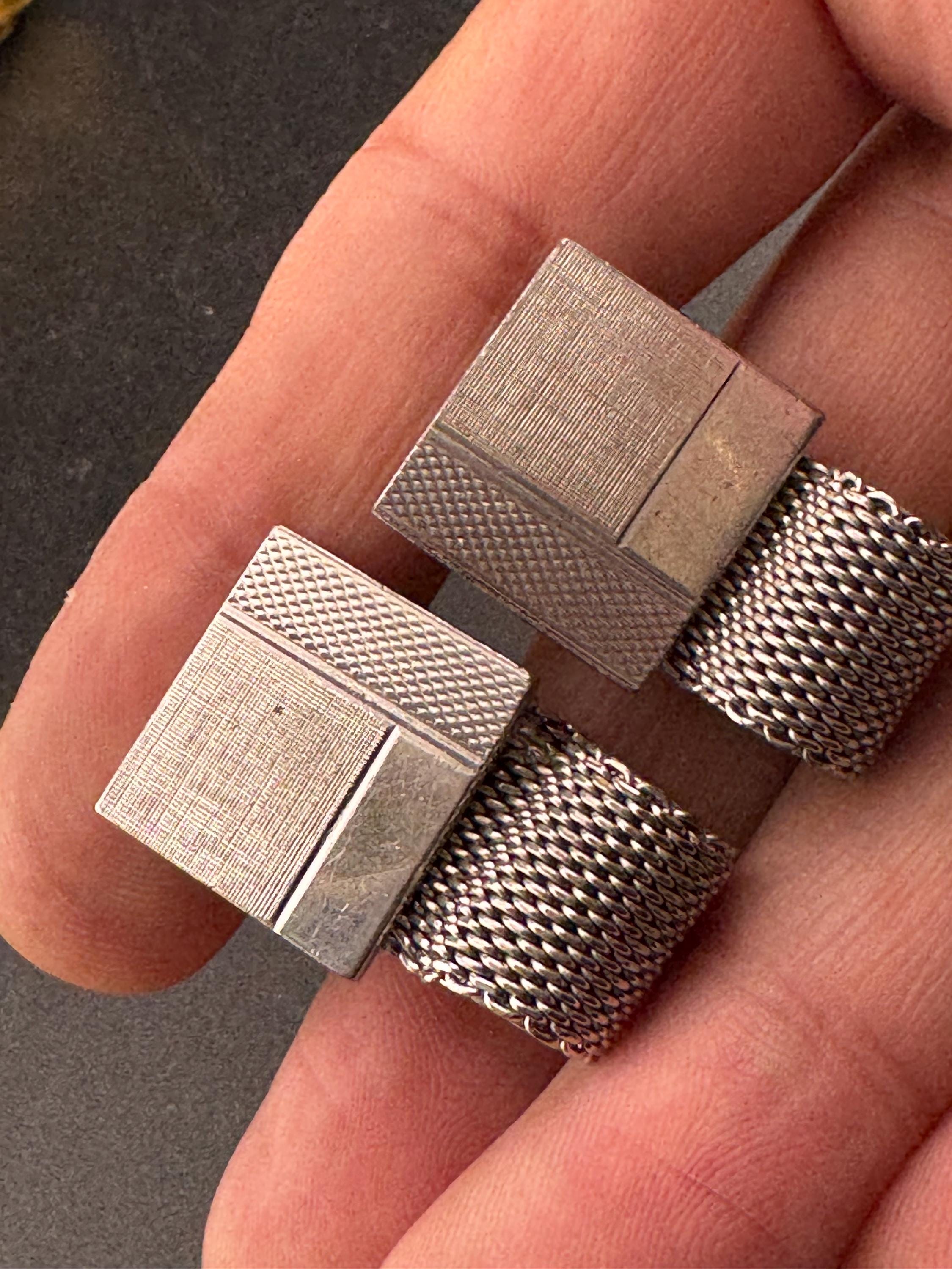 Vintage men’s brushed metal mesh cufflinks with black hematite , Brutalist 1970s geometric