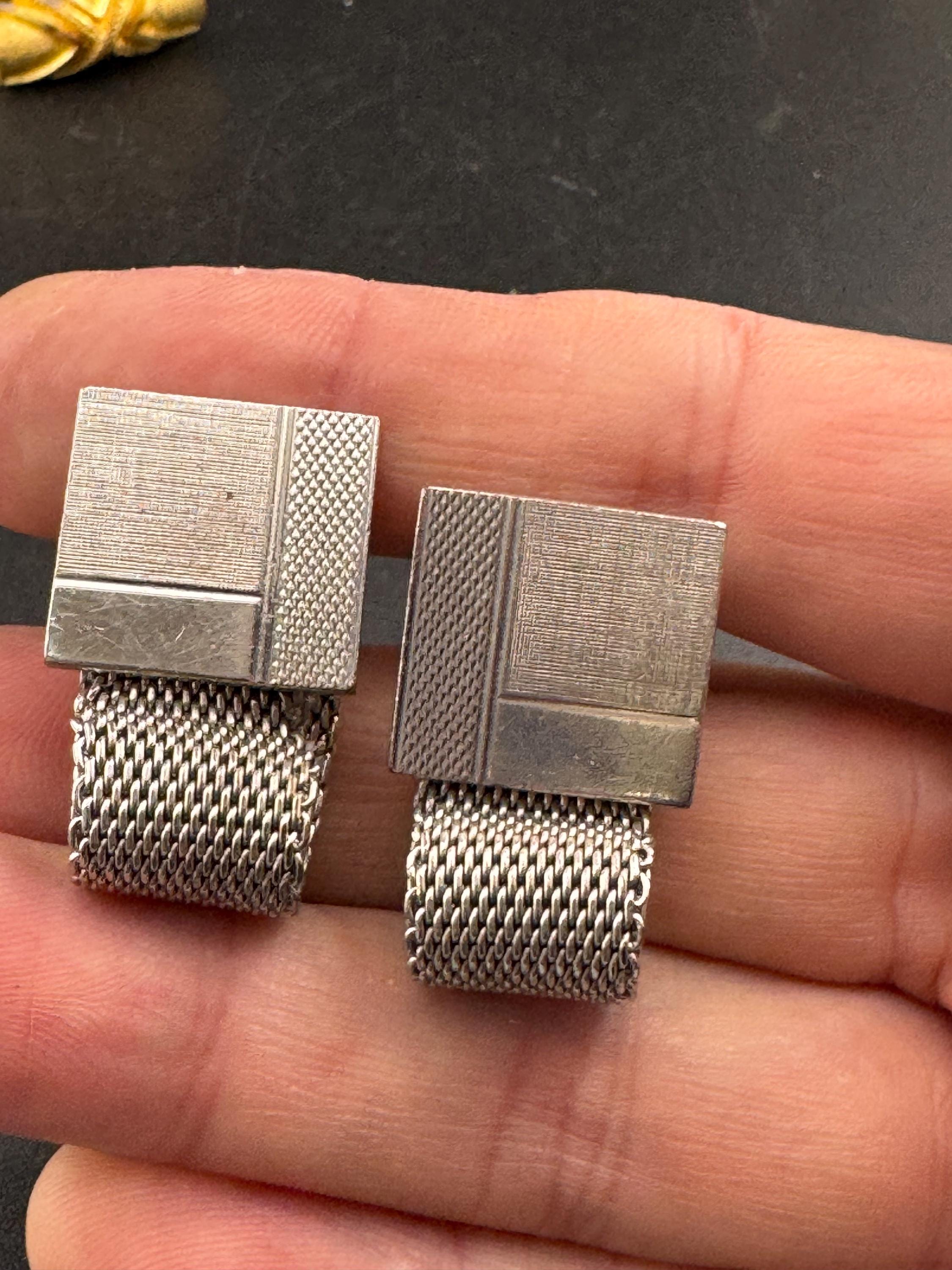 Vintage men’s brushed metal mesh cufflinks with black hematite , Brutalist 1970s geometric