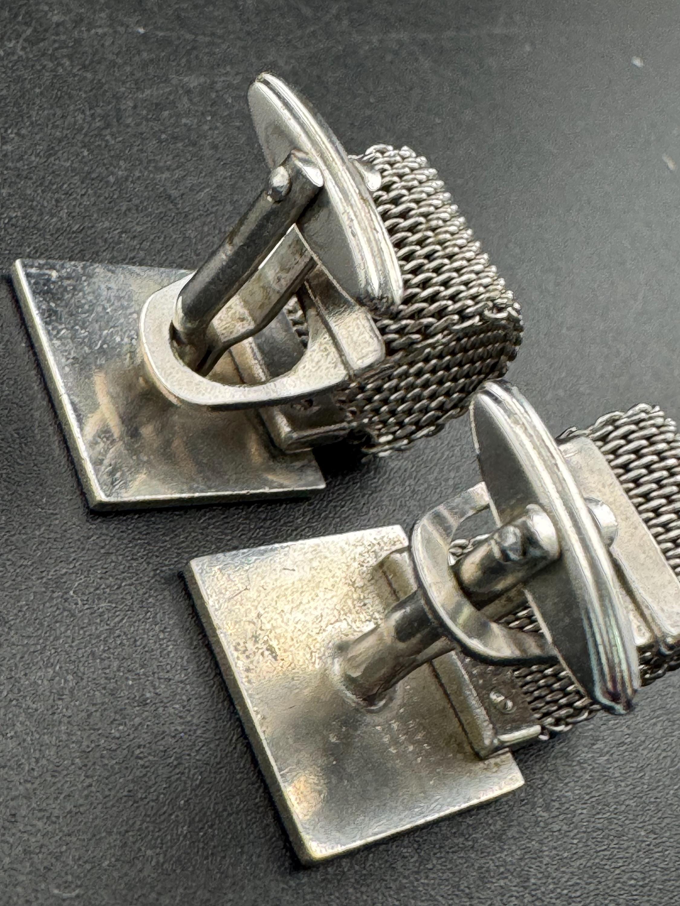 Vintage men’s brushed metal mesh cufflinks with black hematite , Brutalist 1970s geometric