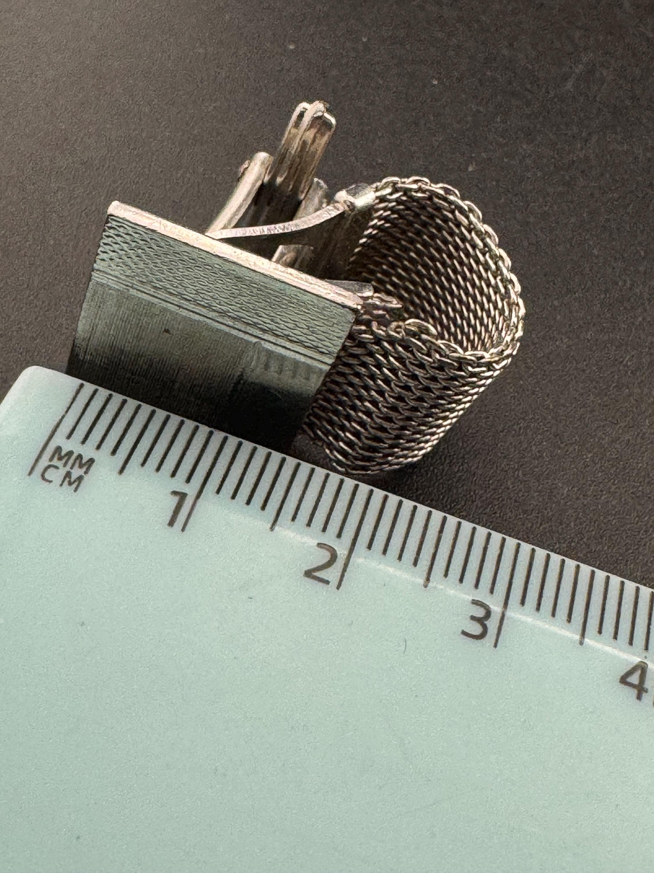 Vintage men’s brushed metal mesh cufflinks with black hematite , Brutalist 1970s geometric