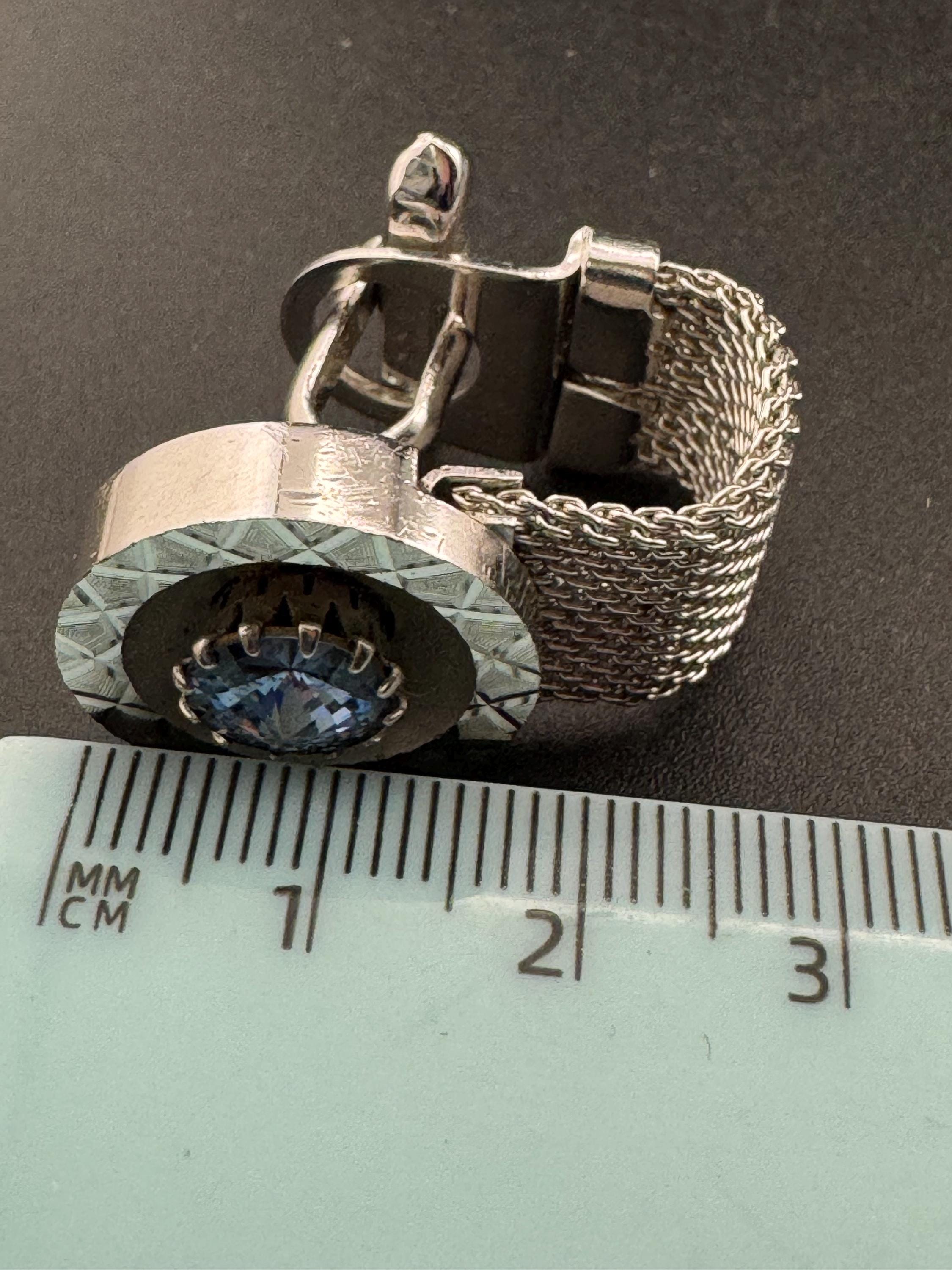 Vintage men’s silver mesh cufflinks with blue diamanté rhinestones , Brutalist 1970s