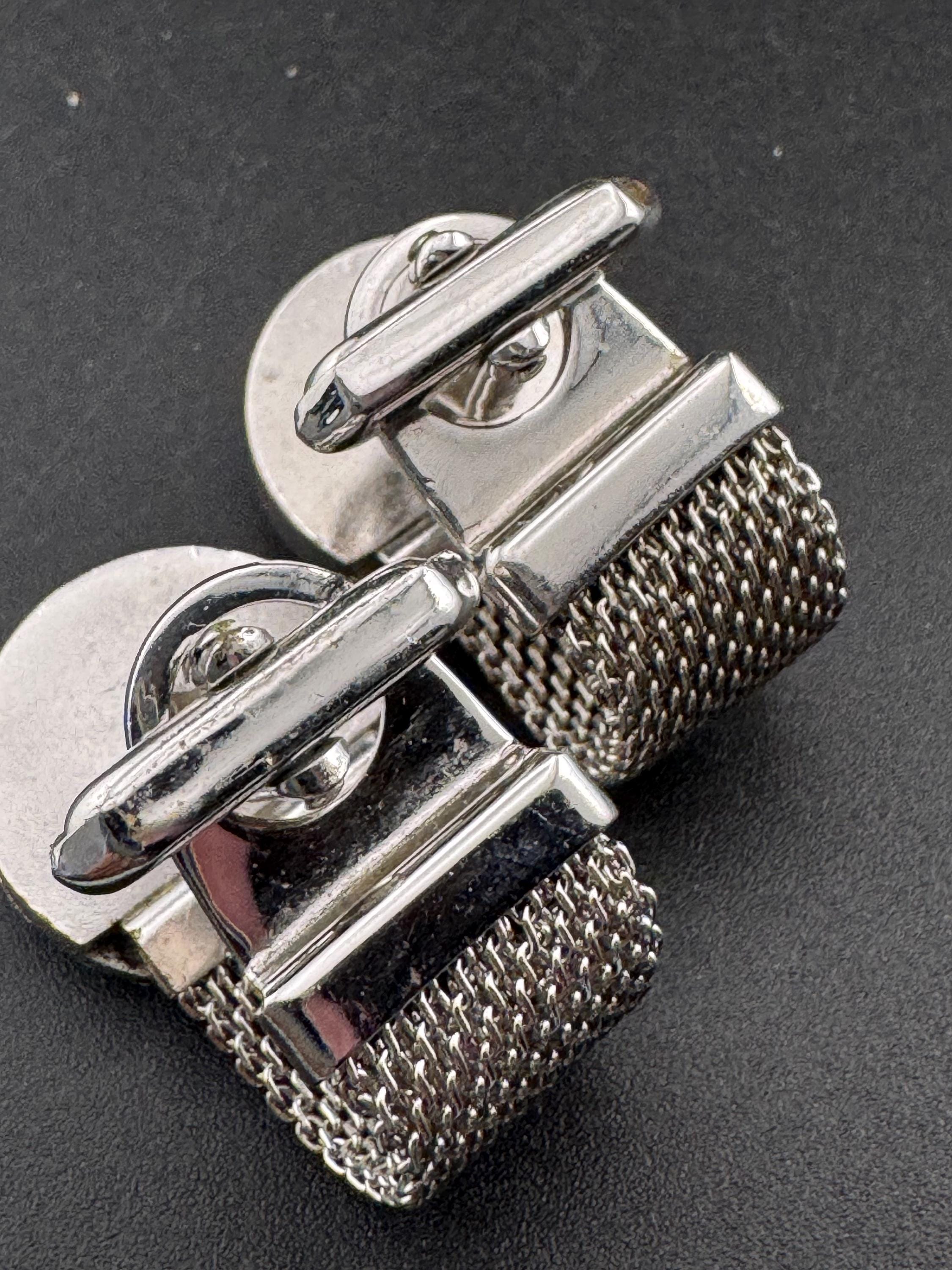 Vintage men’s silver mesh cufflinks with blue diamanté rhinestones , Brutalist 1970s