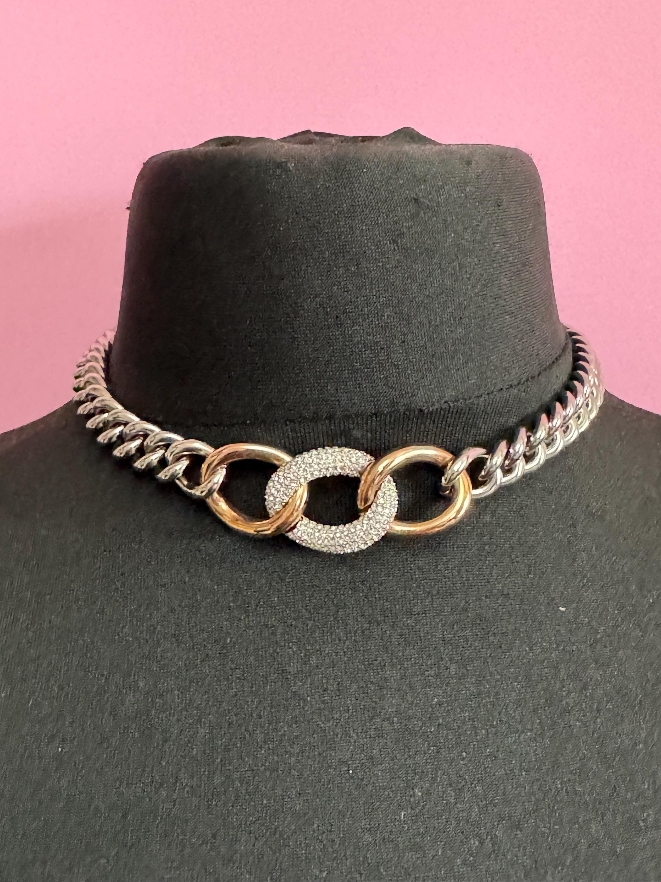 Signed Swarovski bound crystal chunky choker, bound design copper silver tone