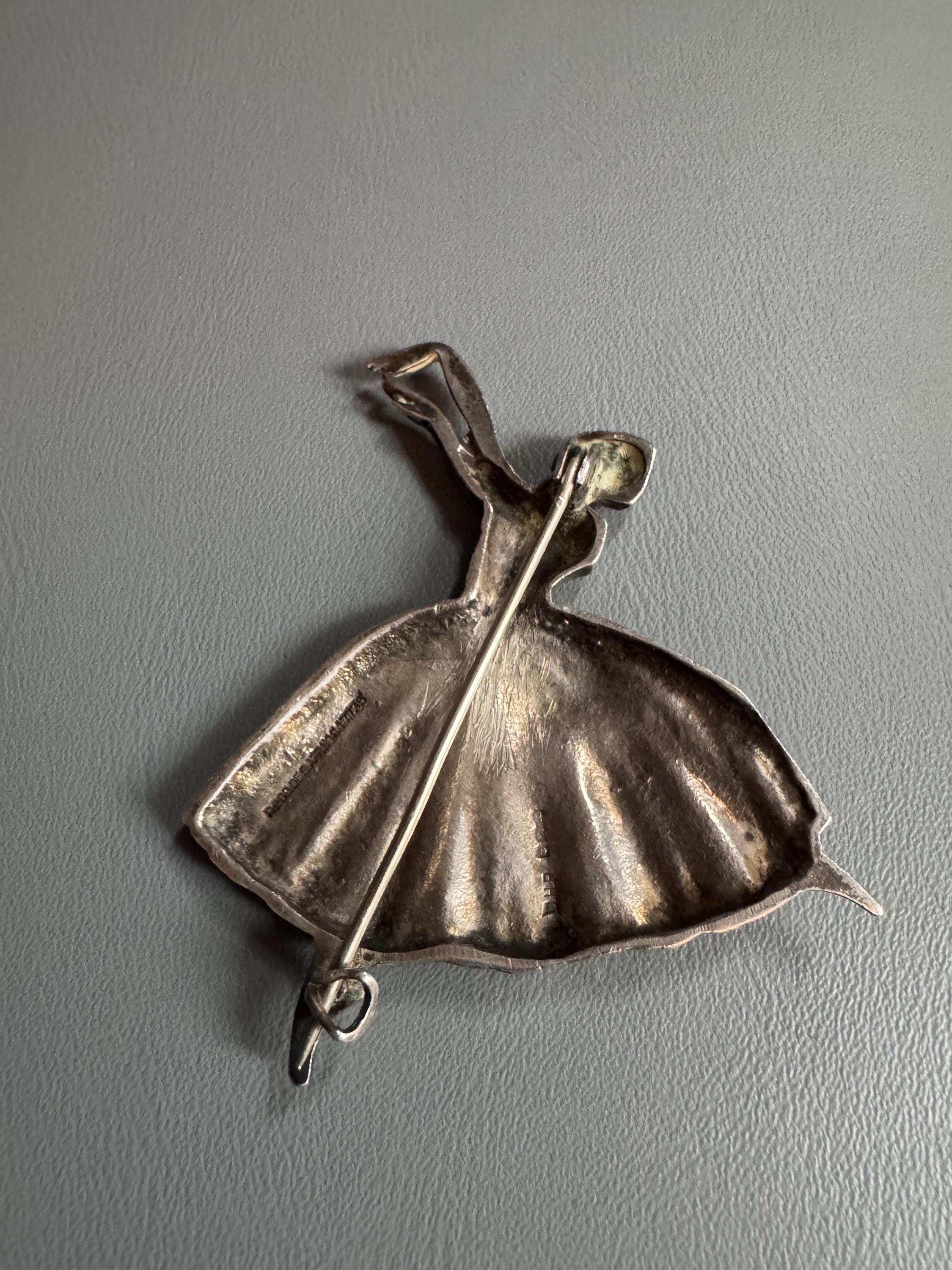925 Art deco dancing lady brooch, vintage 7cm, sterling silver