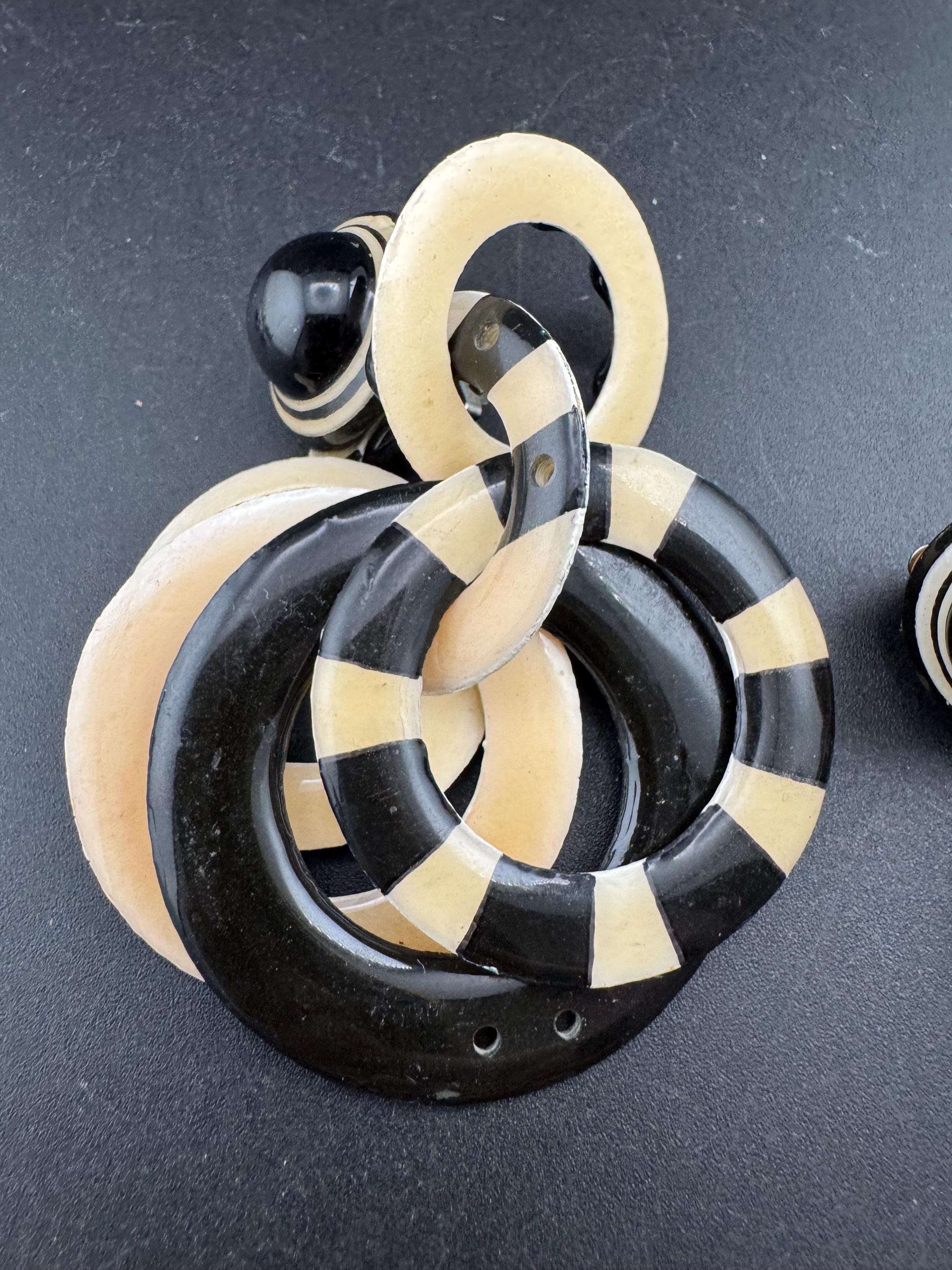 Vintage black and cream plastic hoops dangly drop clip on earrings, signed
