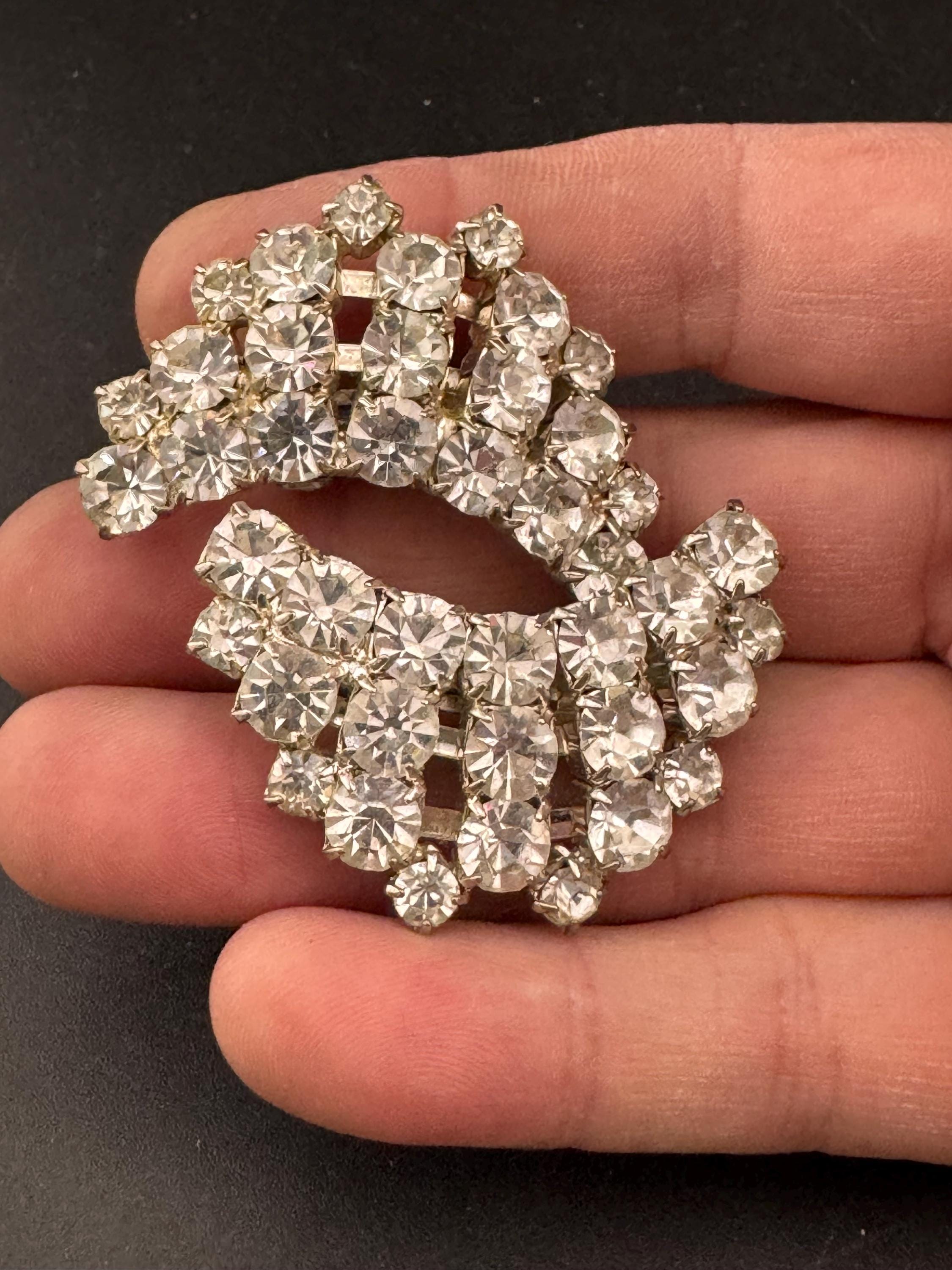 oversized clear diamanté rhinestone Clip On Earrings, 4cm silver tone