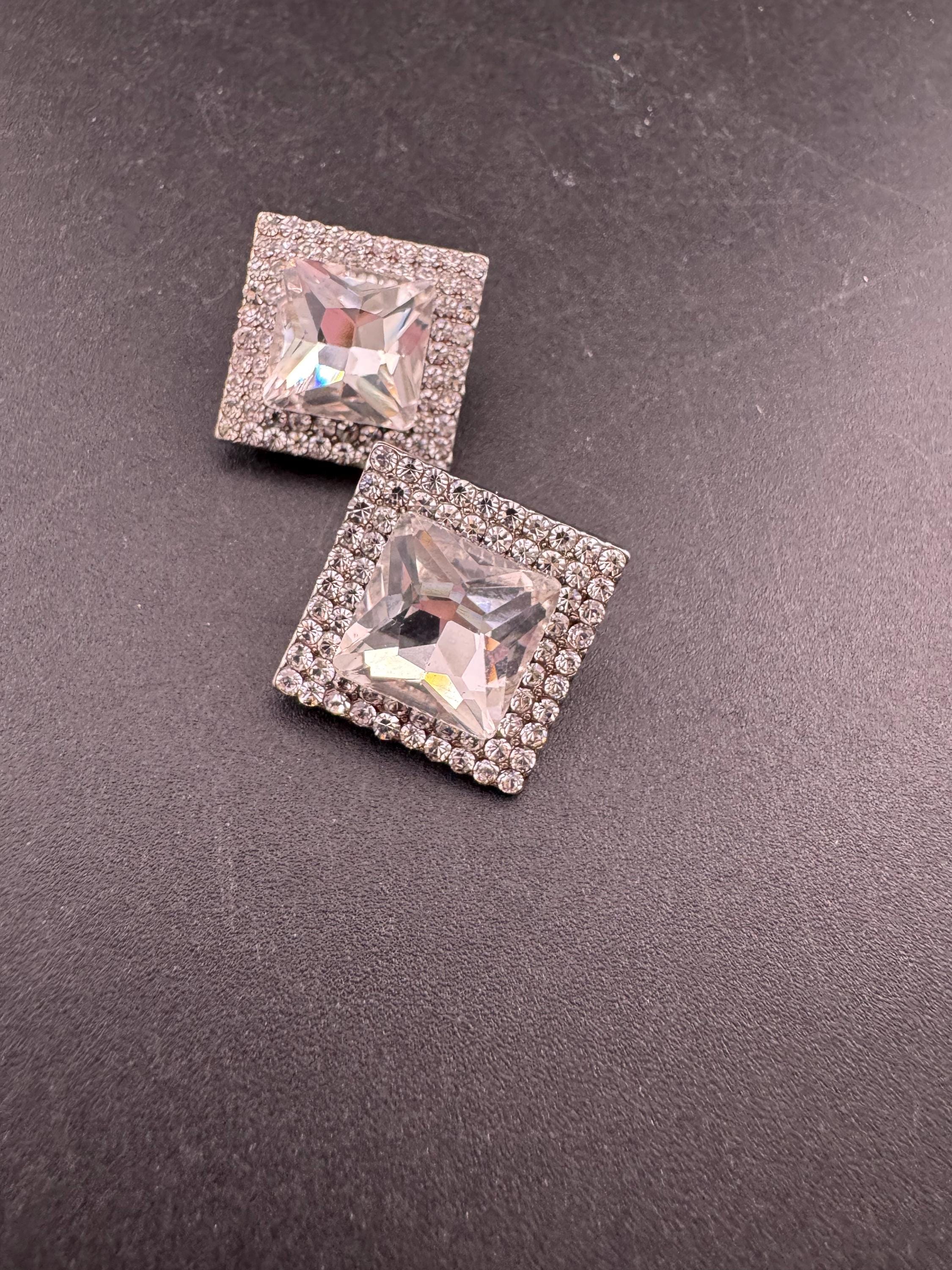 Retro square diamanté rhinestone Clip On Earrings, Silver Tone 2cm