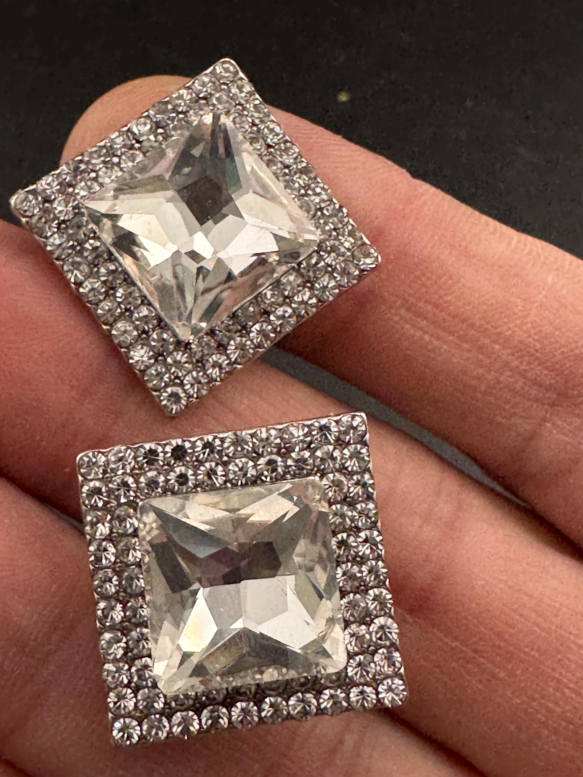 Retro square diamanté rhinestone Clip On Earrings, Silver Tone 2cm