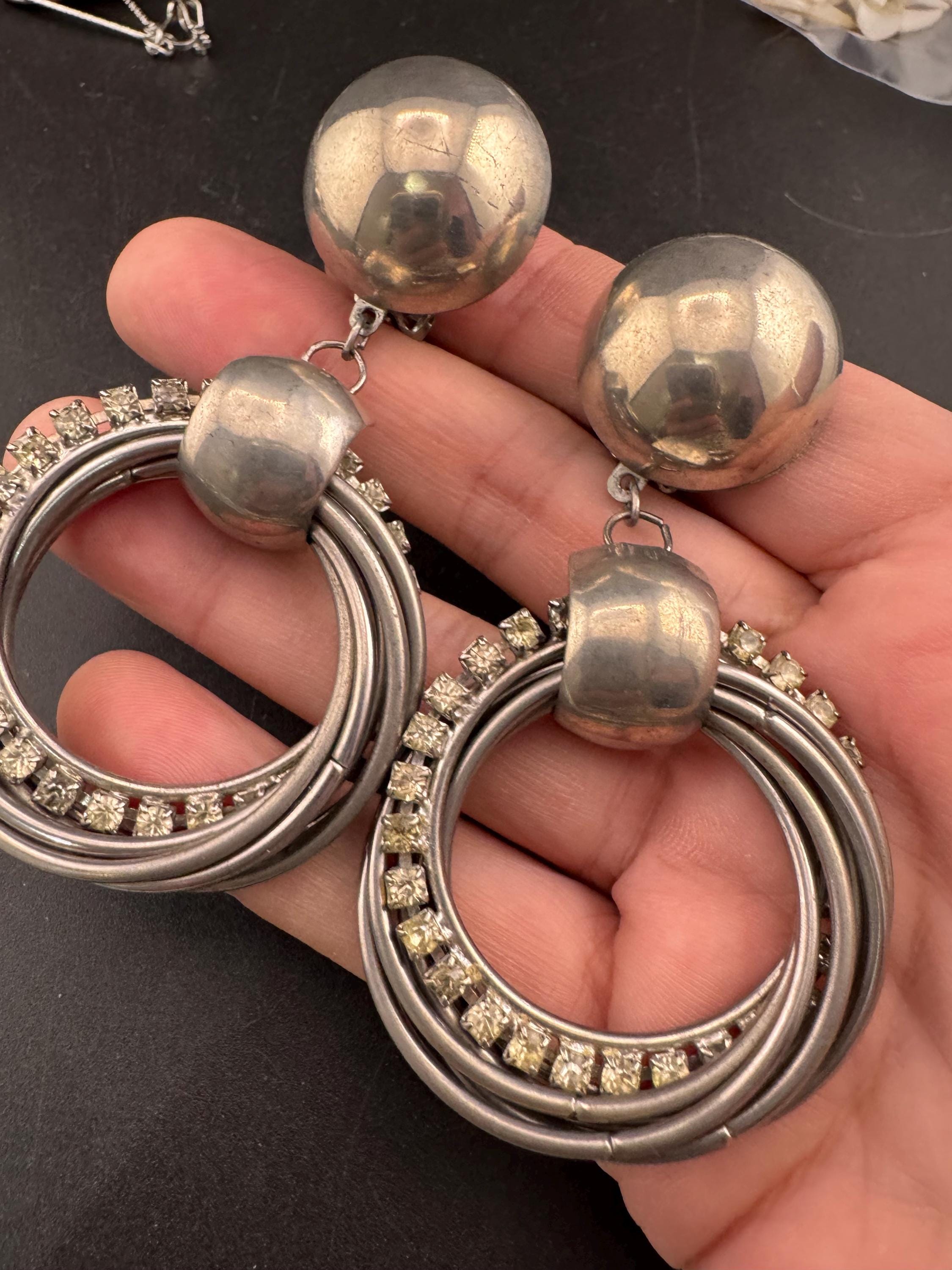 oversized 9cm rhinestone hoop dangly clip on earrings