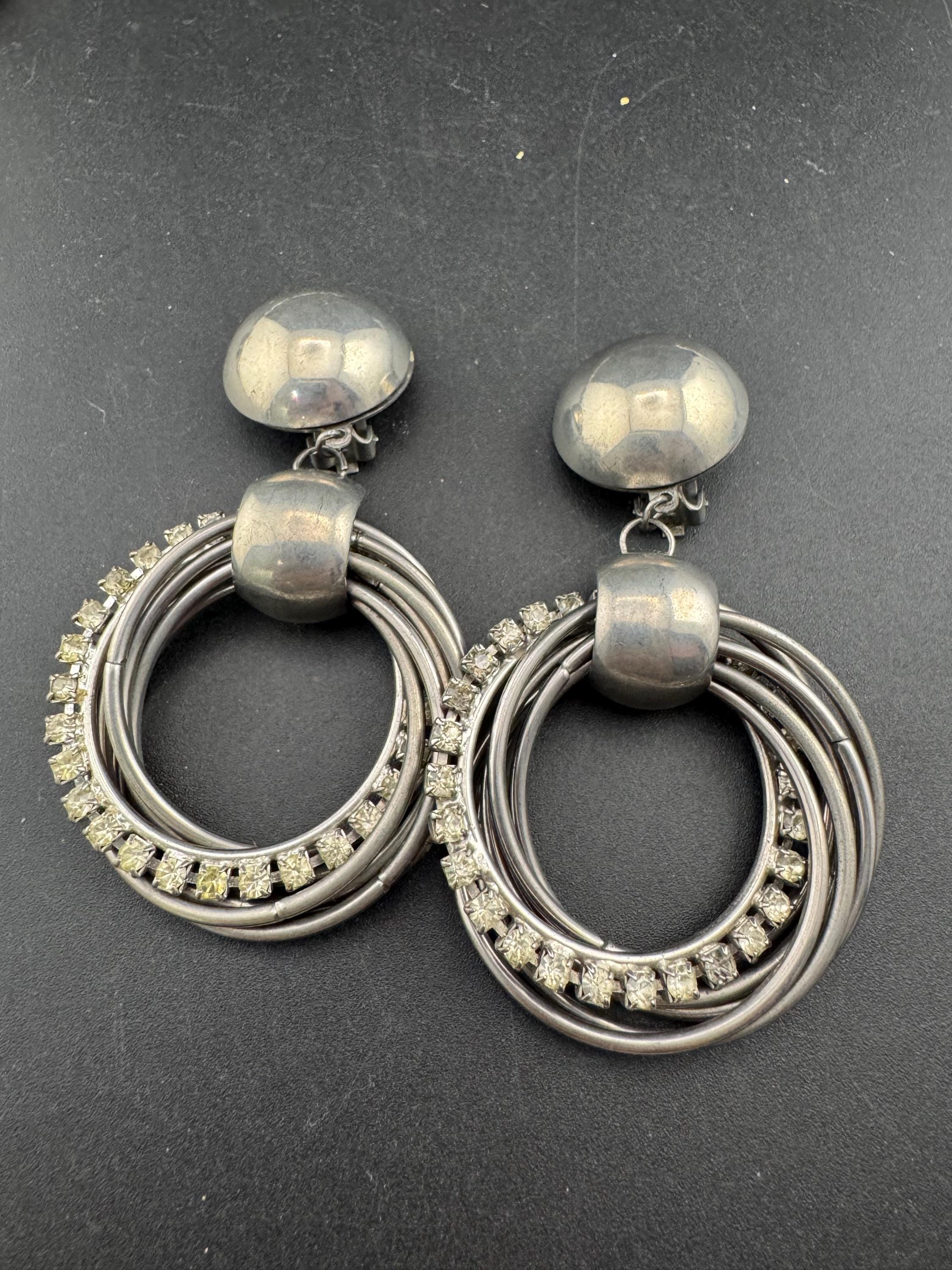 oversized 9cm rhinestone hoop dangly clip on earrings
