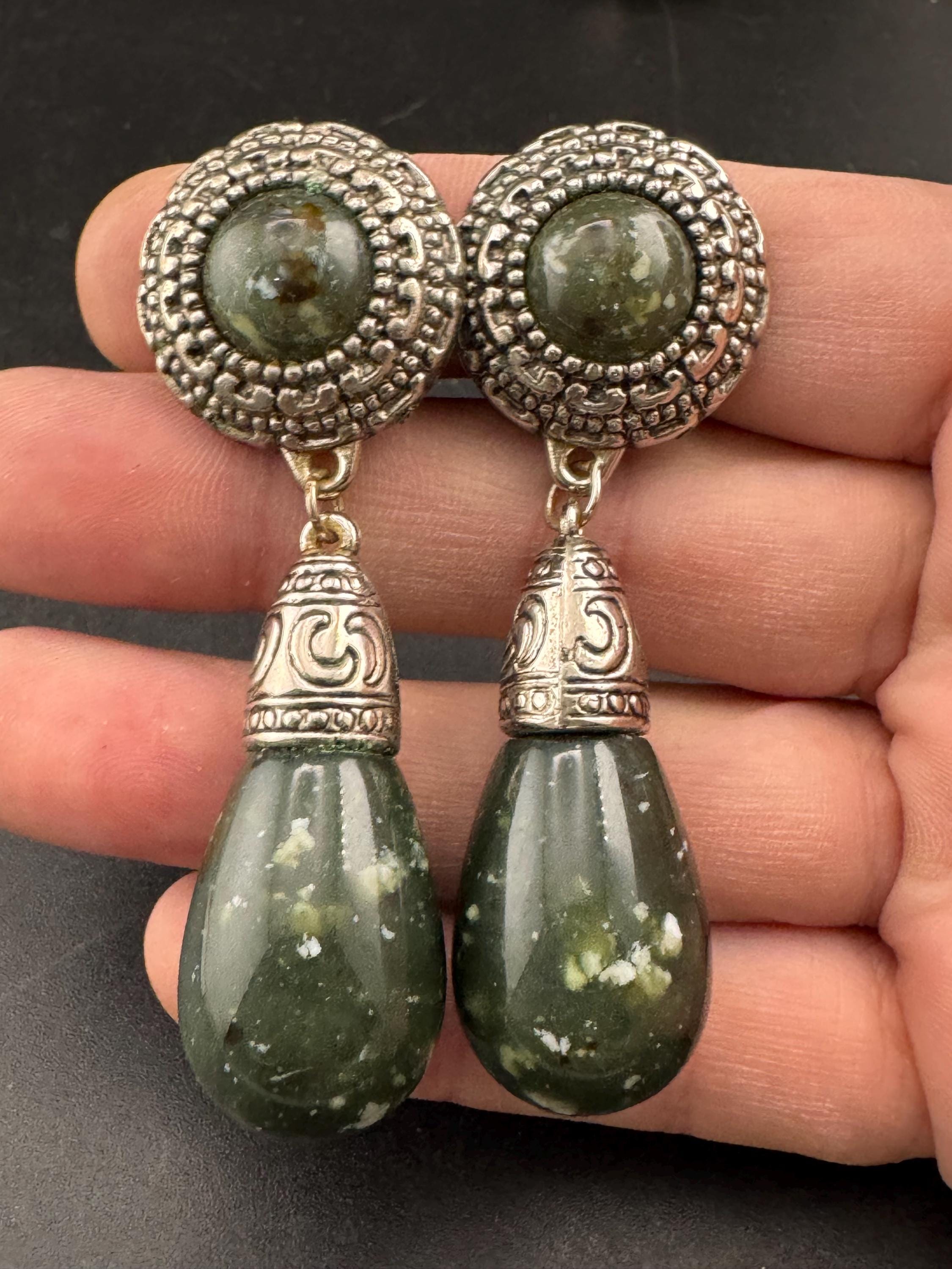 vintage oversized 7cm green cabochon and teardrop clip on earrings