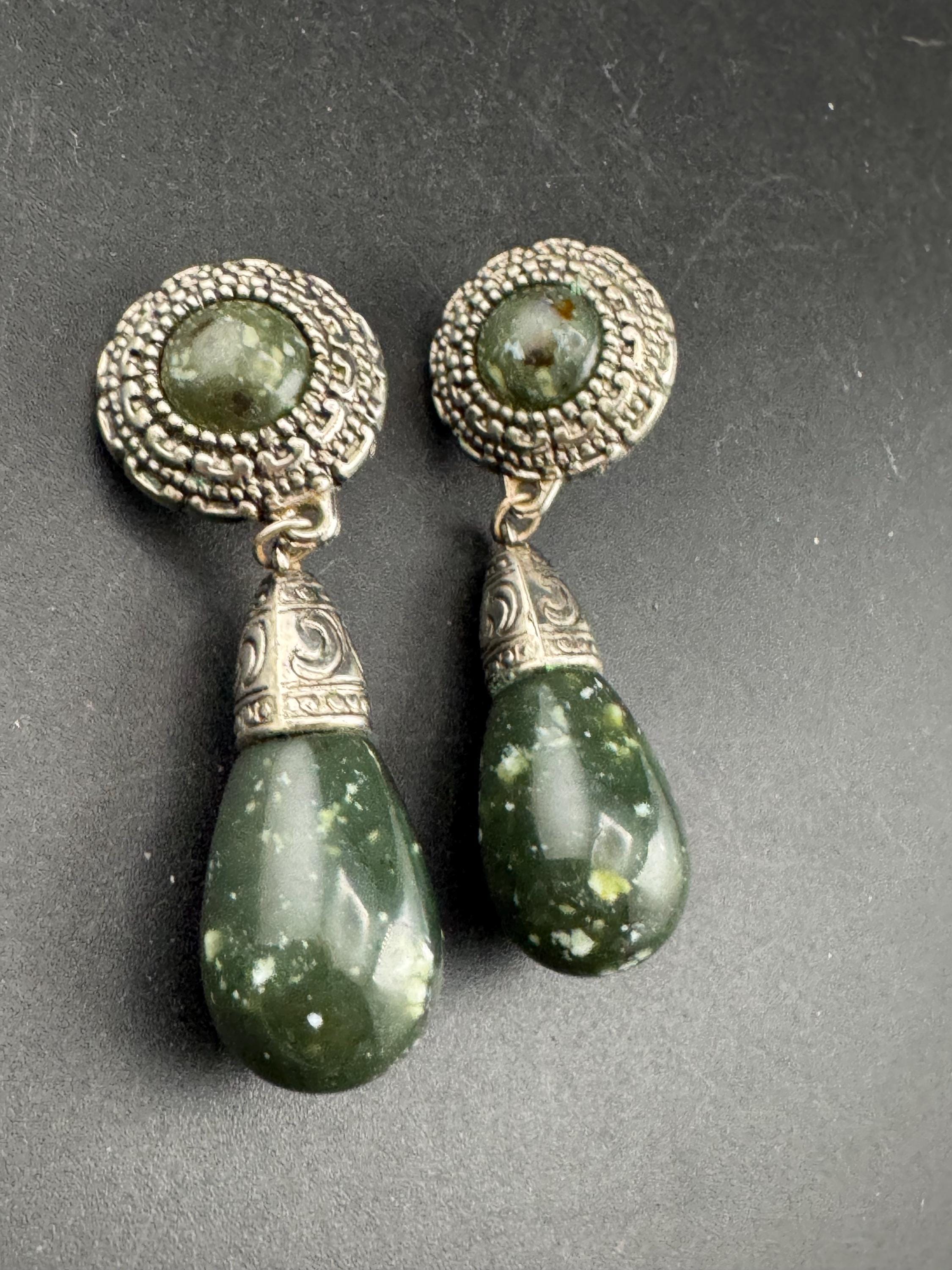 vintage oversized 7cm green cabochon and teardrop clip on earrings