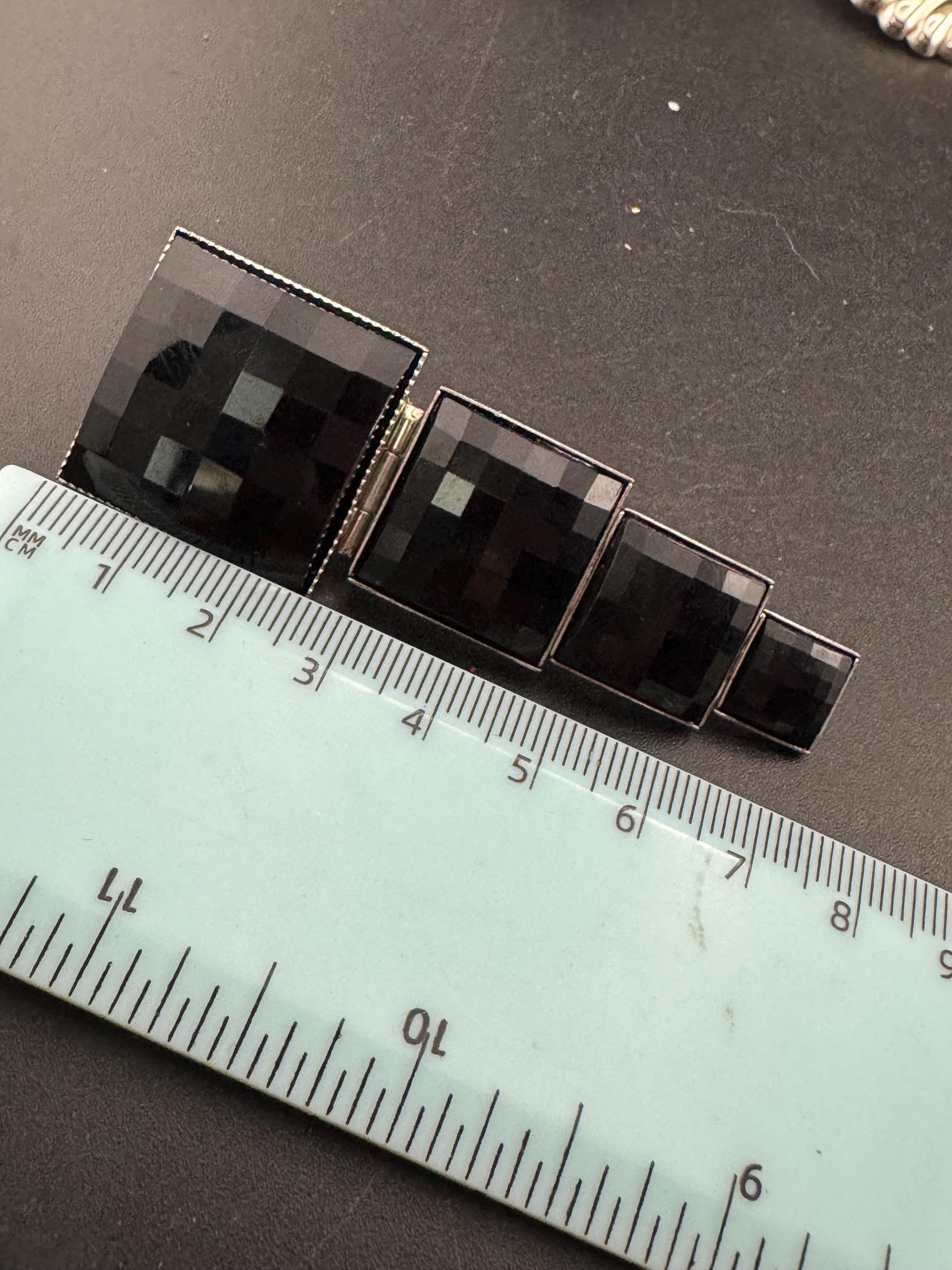 vintage geometric black cabochon clip on earrings 1980s, oversized 7.5cm silver tone
