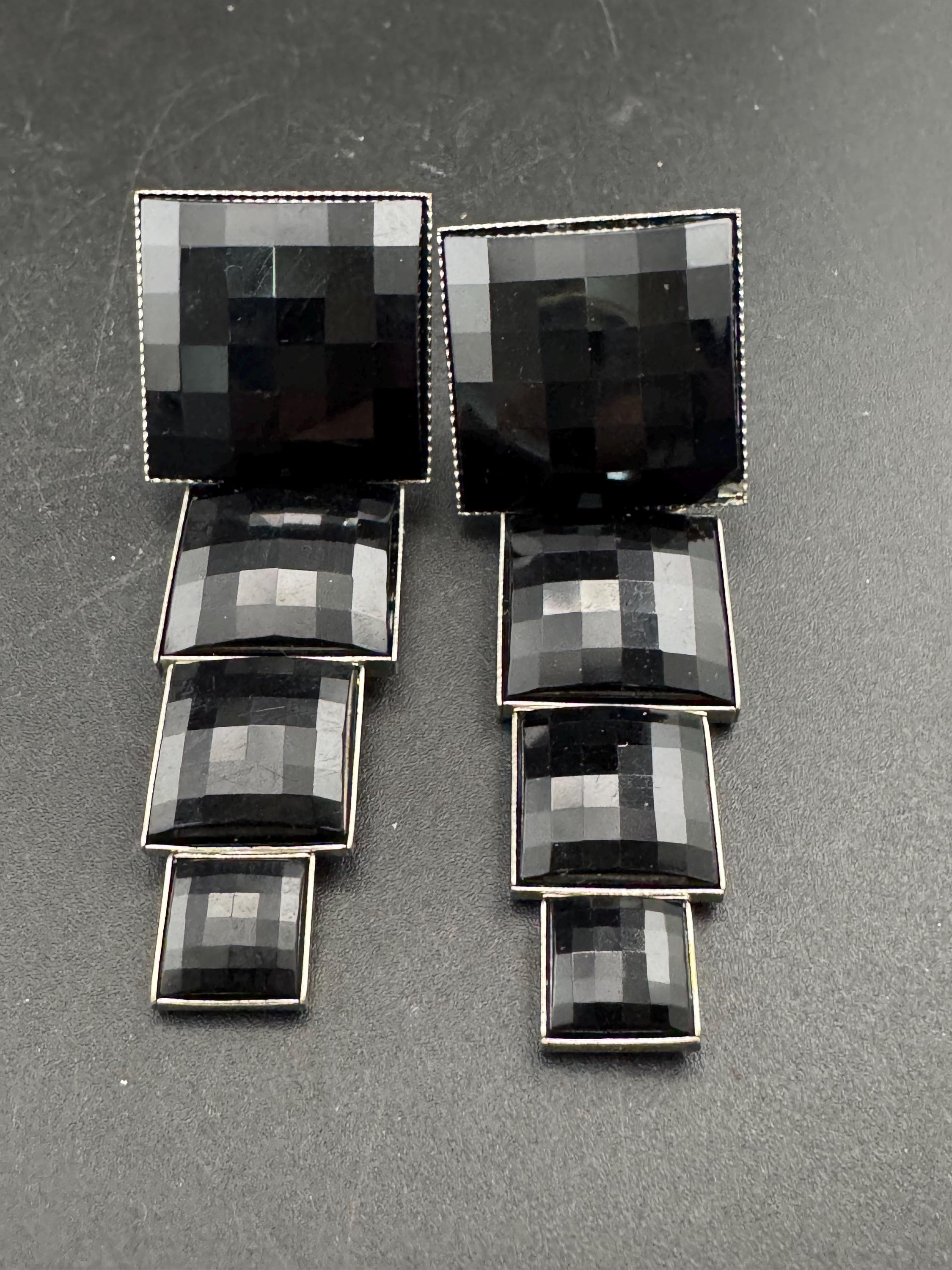 vintage geometric black cabochon clip on earrings 1980s, oversized 7.5cm silver tone