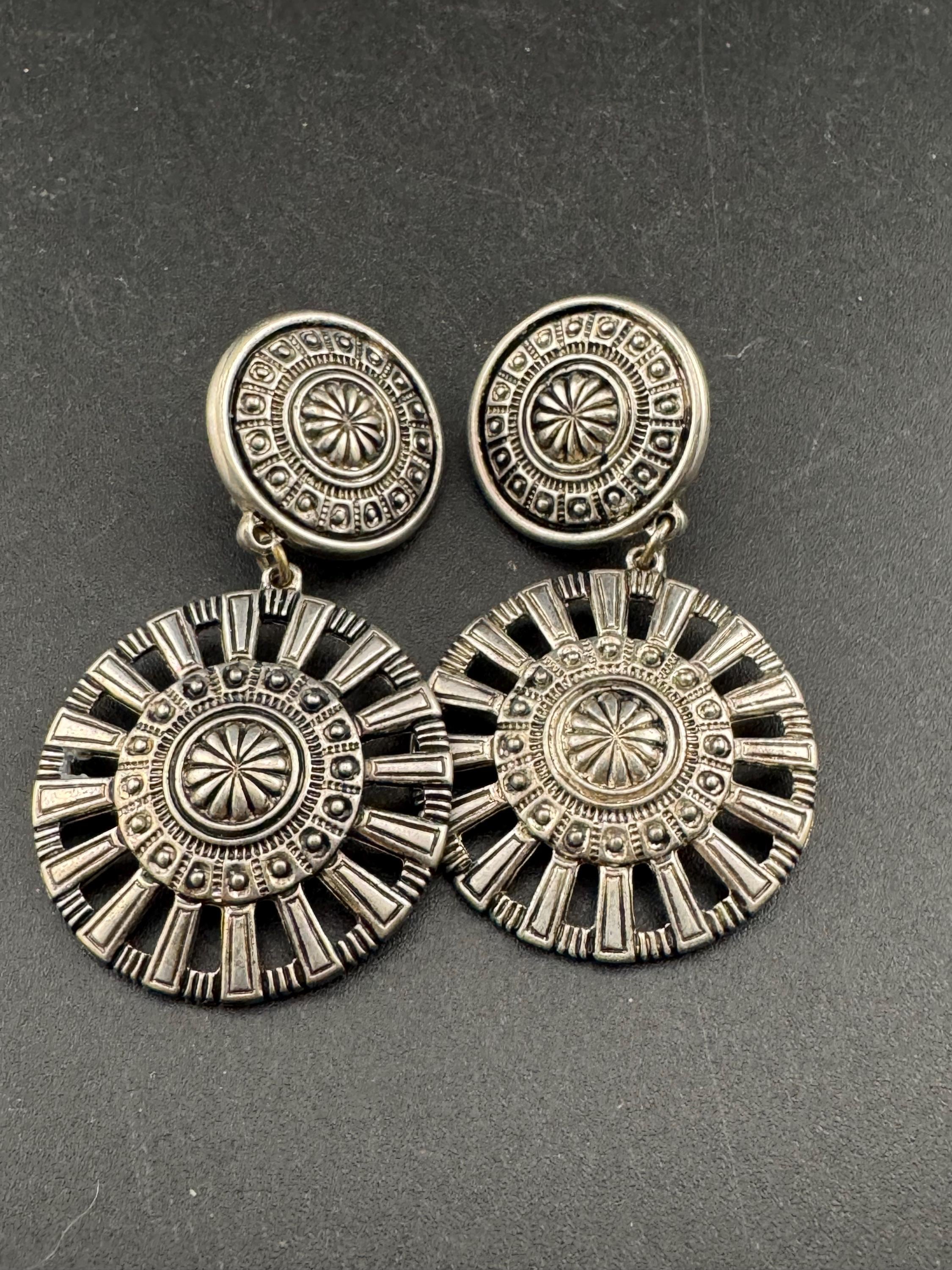 Signed oversized Etruscan round disc metal dangly clip on earrings