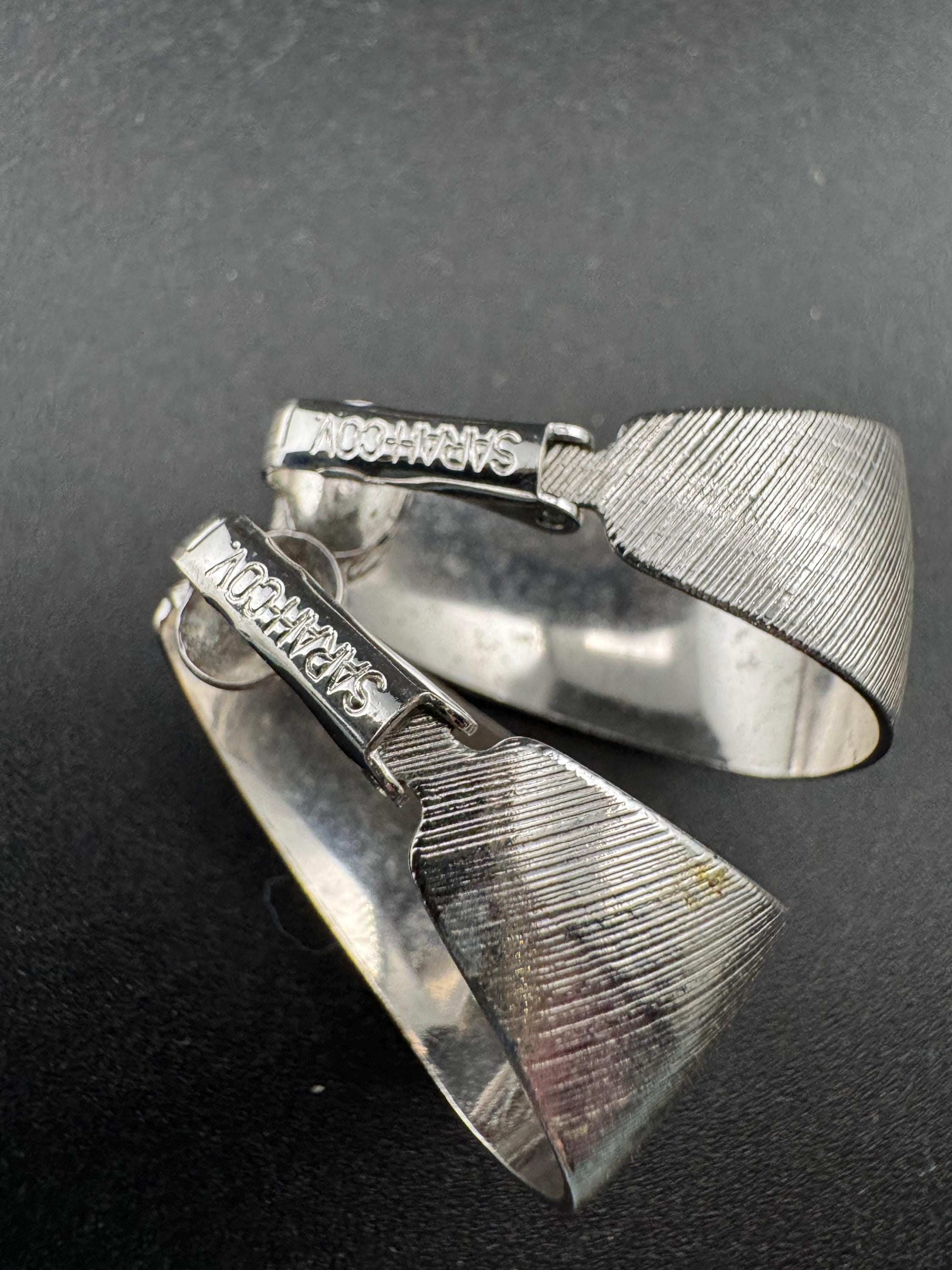 Signed sarah coventry silver brushed steel hoop clip on earrings
