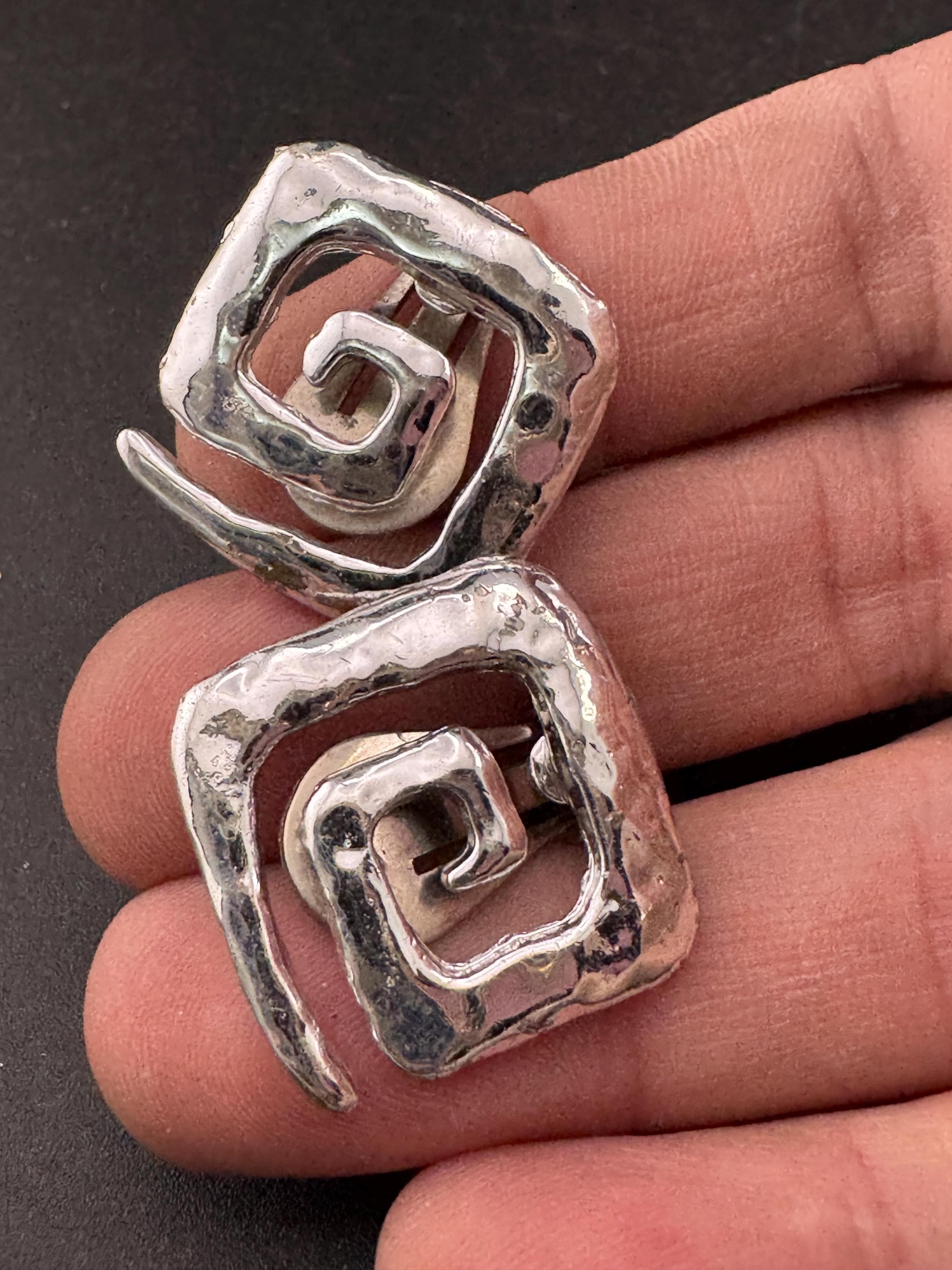 Vintage silver tone glossy Greek key clip on square earrings 80s