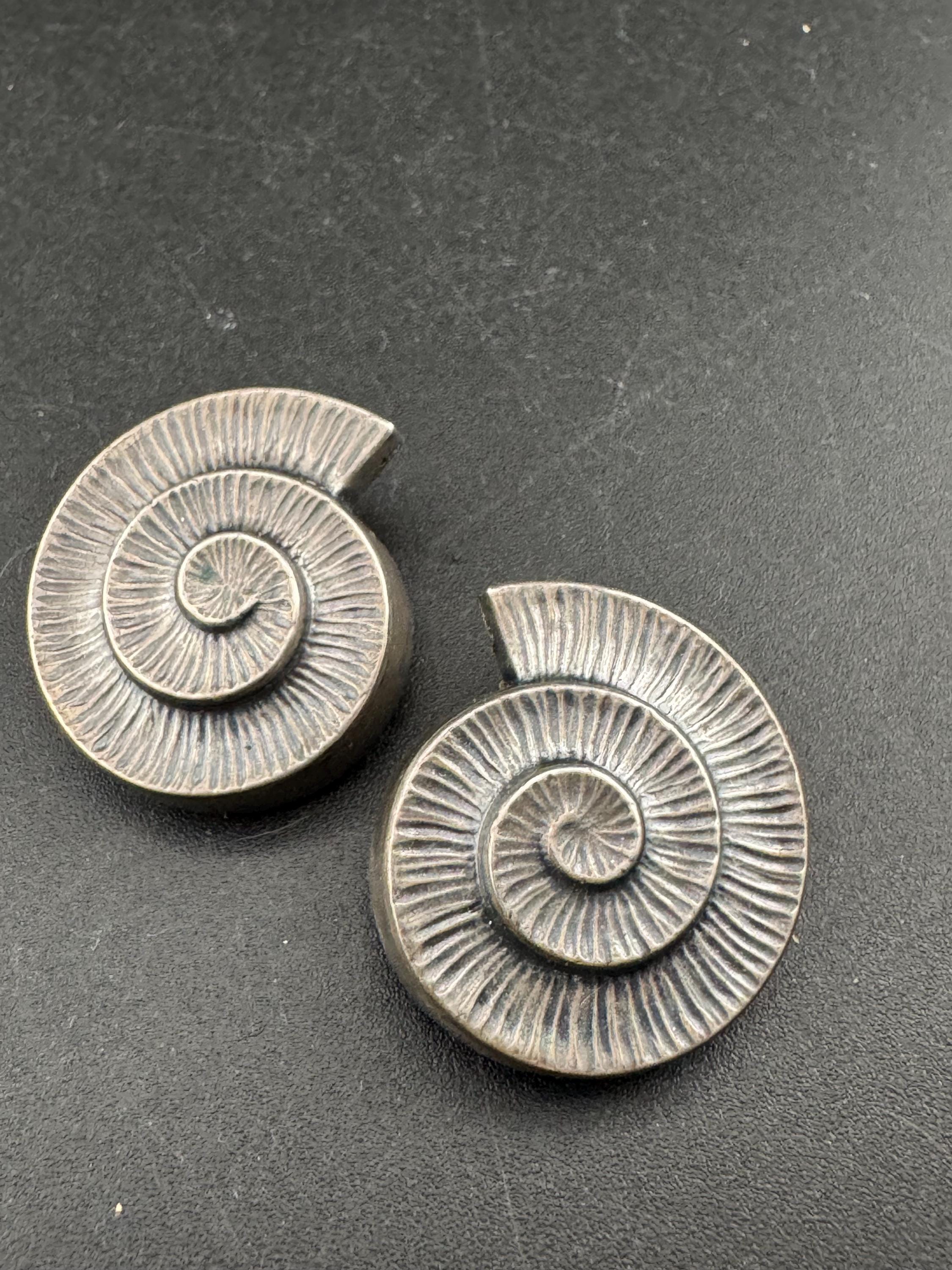 Signed west Germany Vintage ammonite seashell clip on earrings, silver tone metal studs