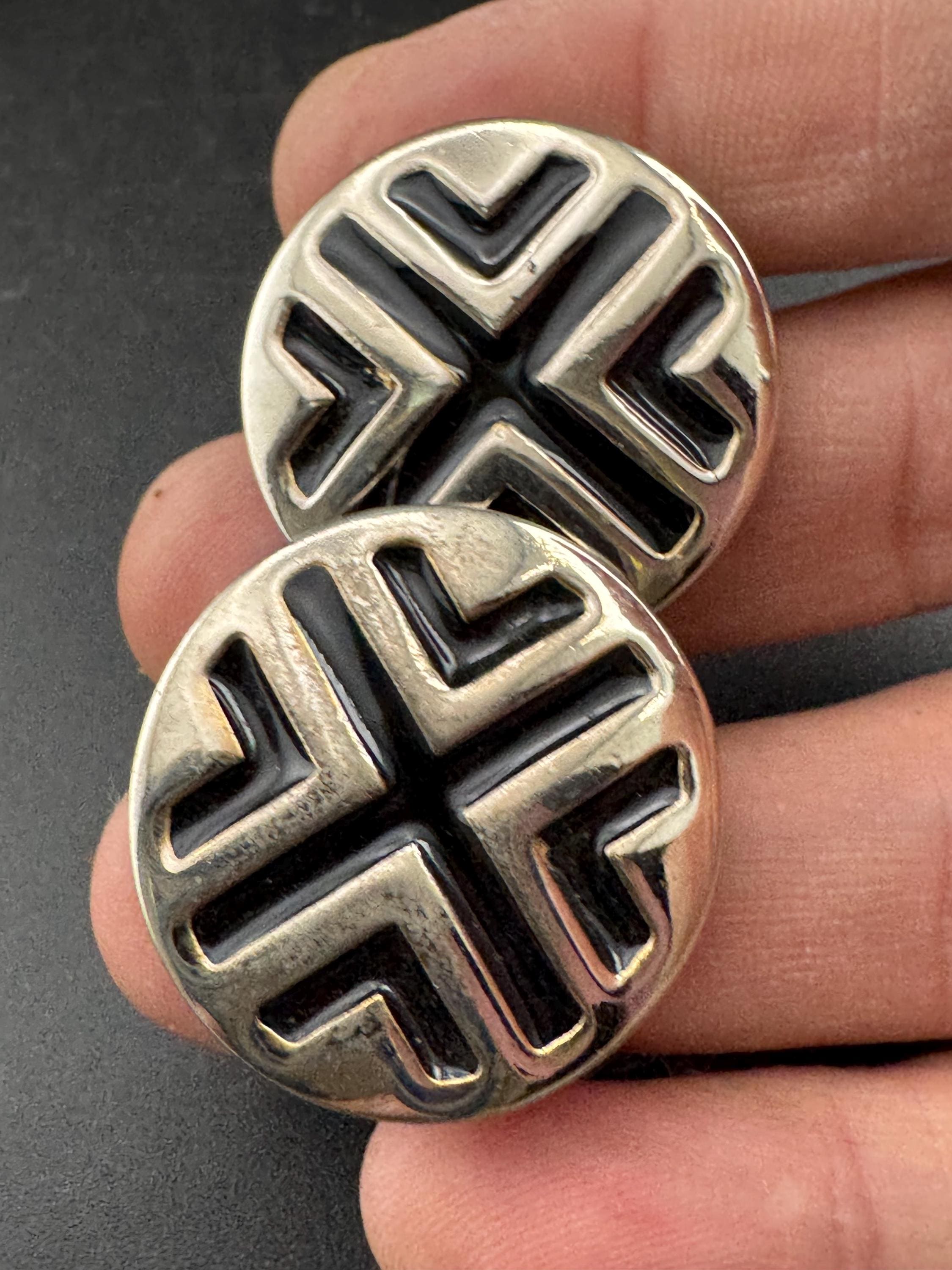 Vintage silver and black enamel round button clip on earrings 2.5cm