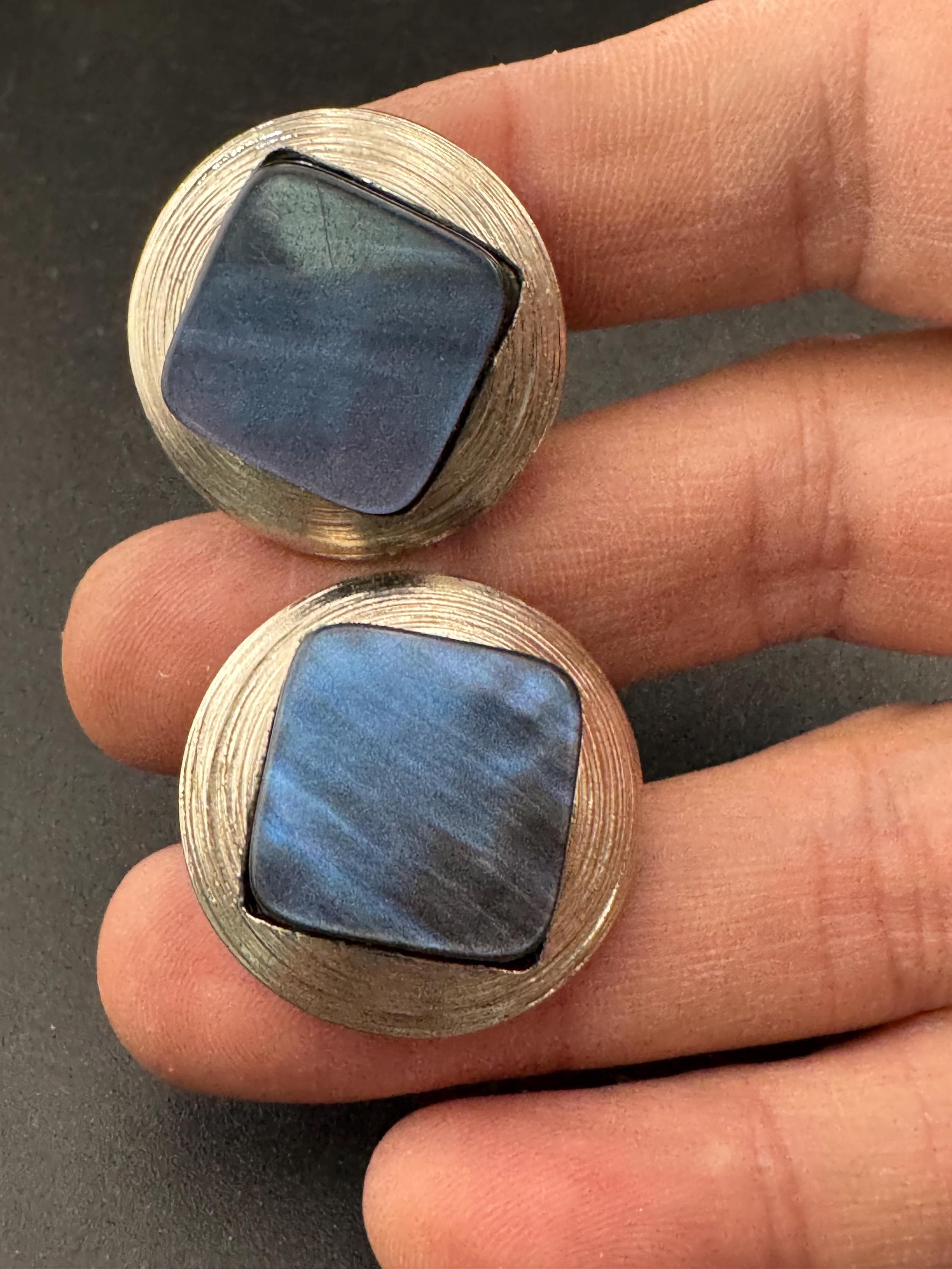 vintage Italian blue plastic Silver metal 2.5cm disc clip on earrings