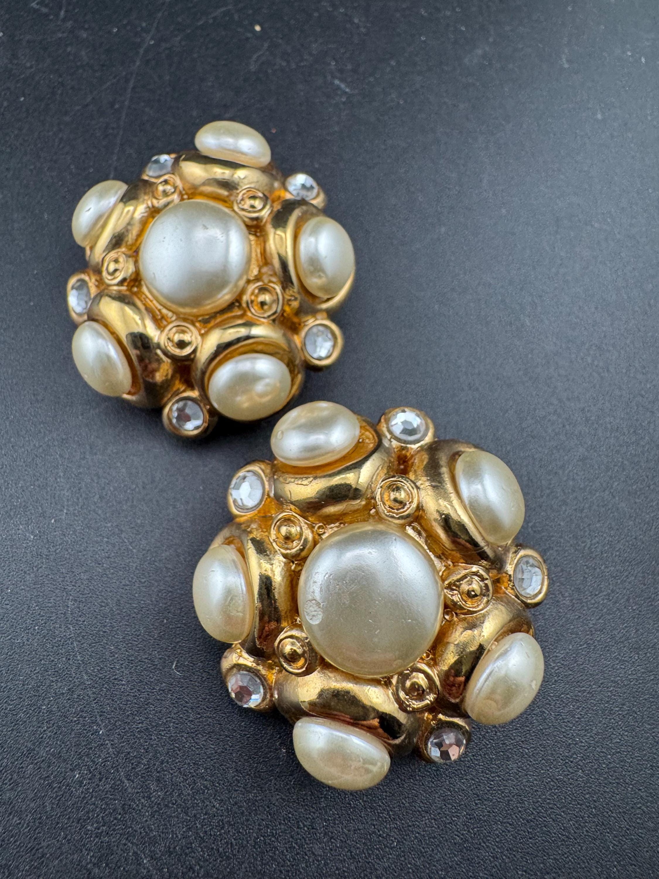 Jacky de G big gold pearl and rhinestone Clip On Earrings: Oversized designer studs