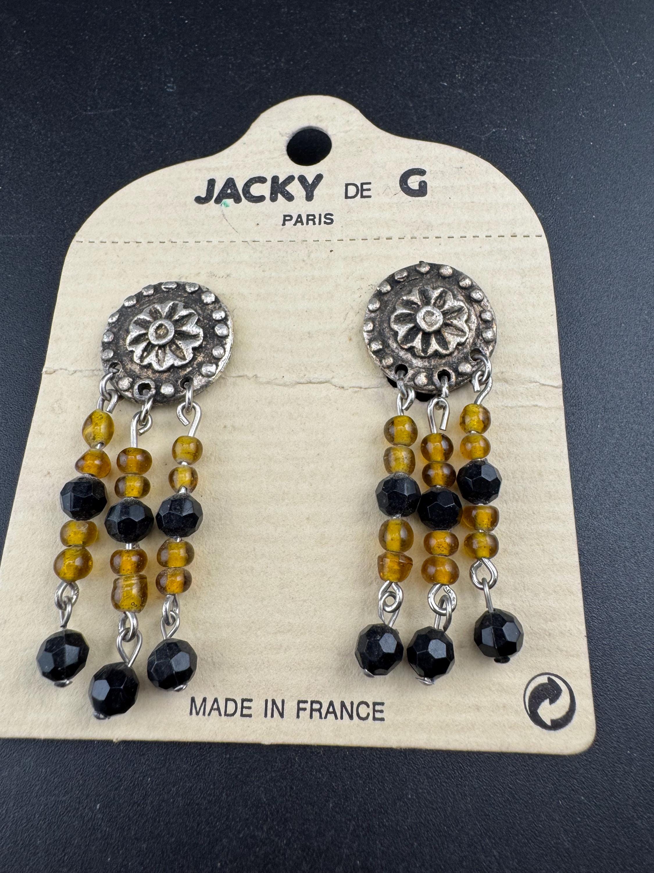 Jacky de G black , amber and silver  beaded dangly Earrings: pierced