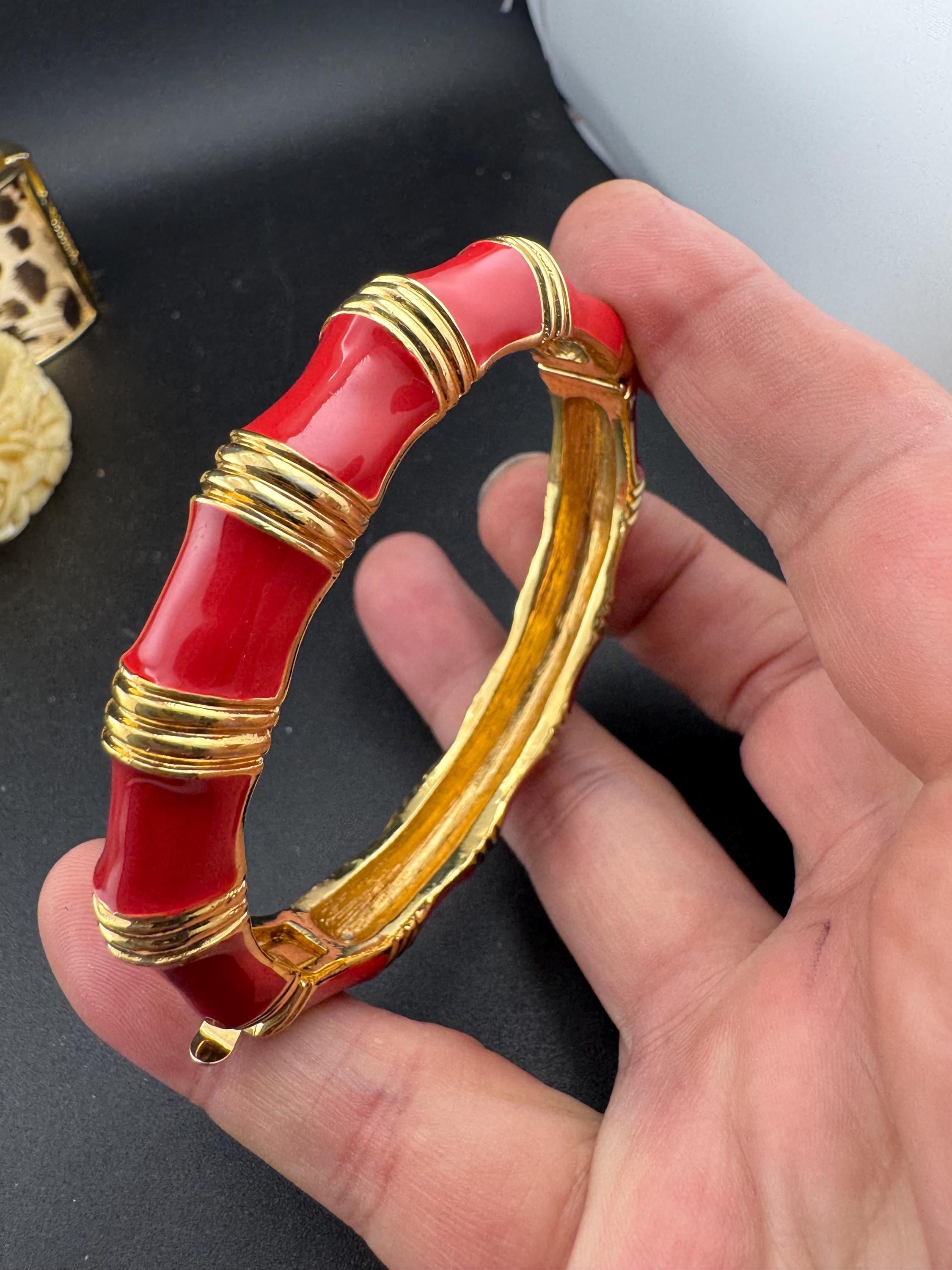 Signed KJL Red enamel gold tone bamboo clamper bangle bracelet Kenneth j lane