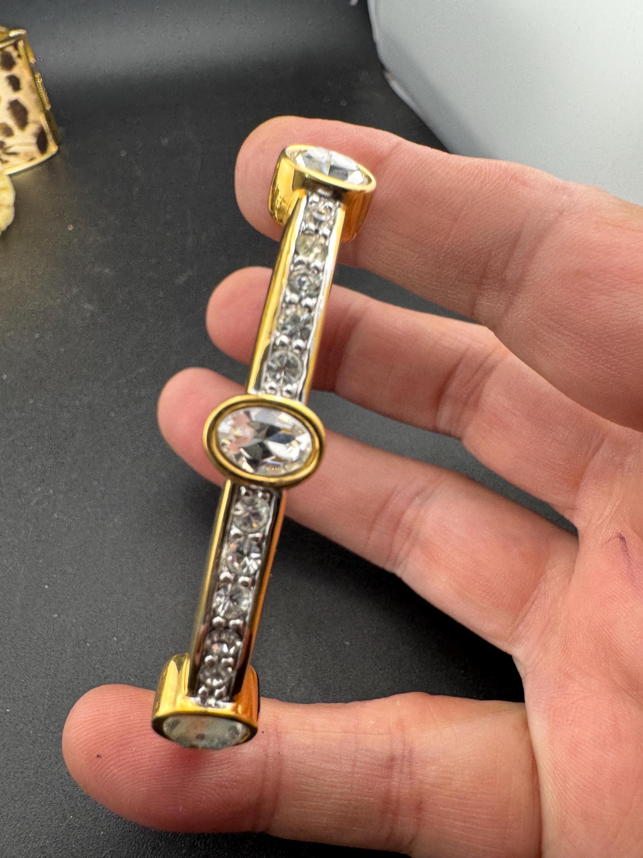 Early SAL signed swan Swarovski bangle crystal wide gold plated designer clamper bracelet