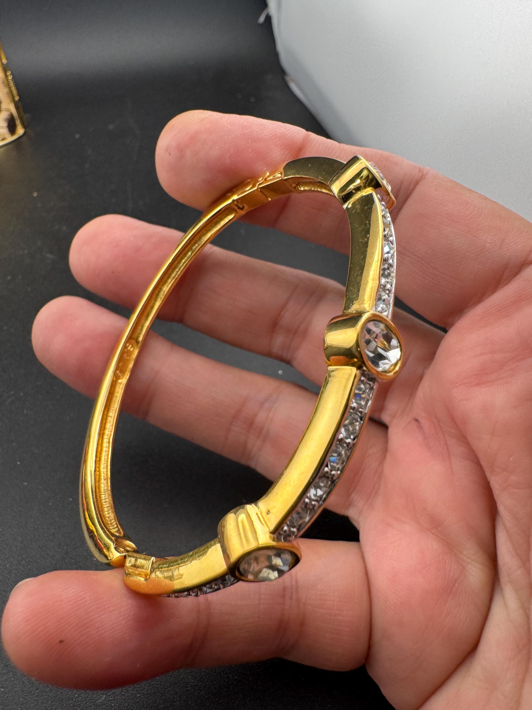 Early SAL signed swan Swarovski bangle crystal wide gold plated designer clamper bracelet