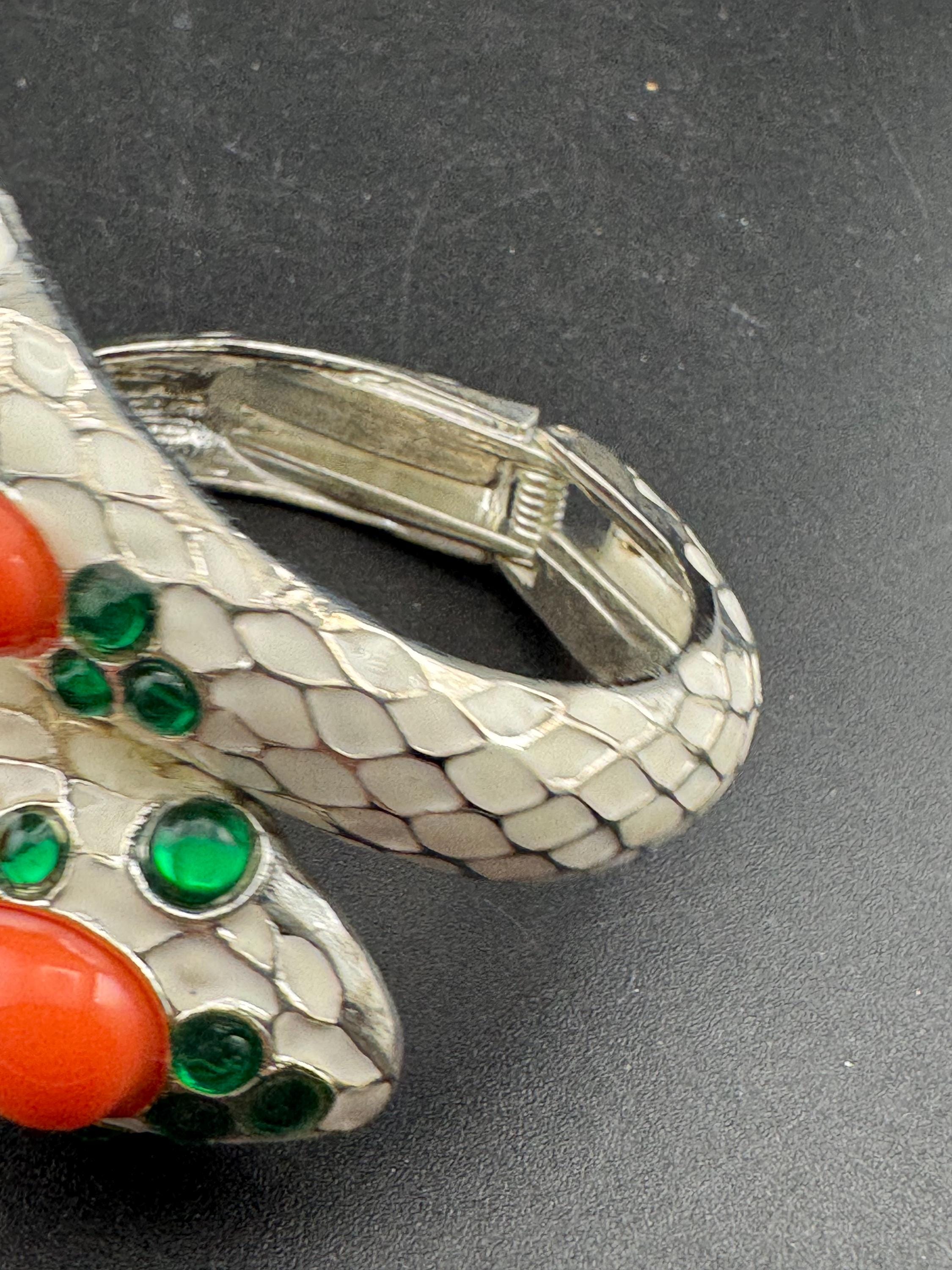reproduction of Trifari L'Orient Cream Enamel Snake Bracelet: Retro Coral & Emerald Cuff