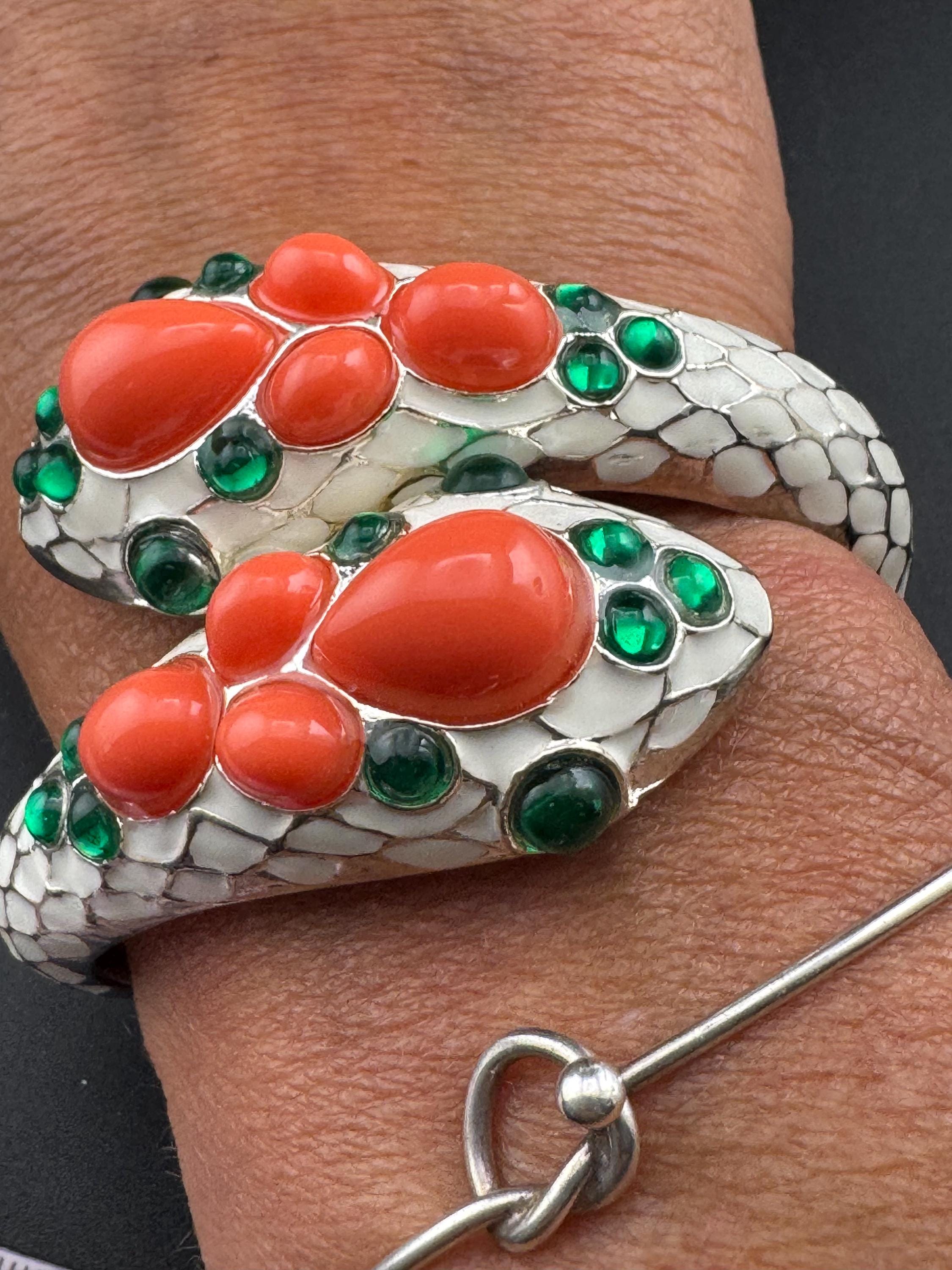 reproduction of Trifari L'Orient Cream Enamel Snake Bracelet: Retro Coral & Emerald Cuff
