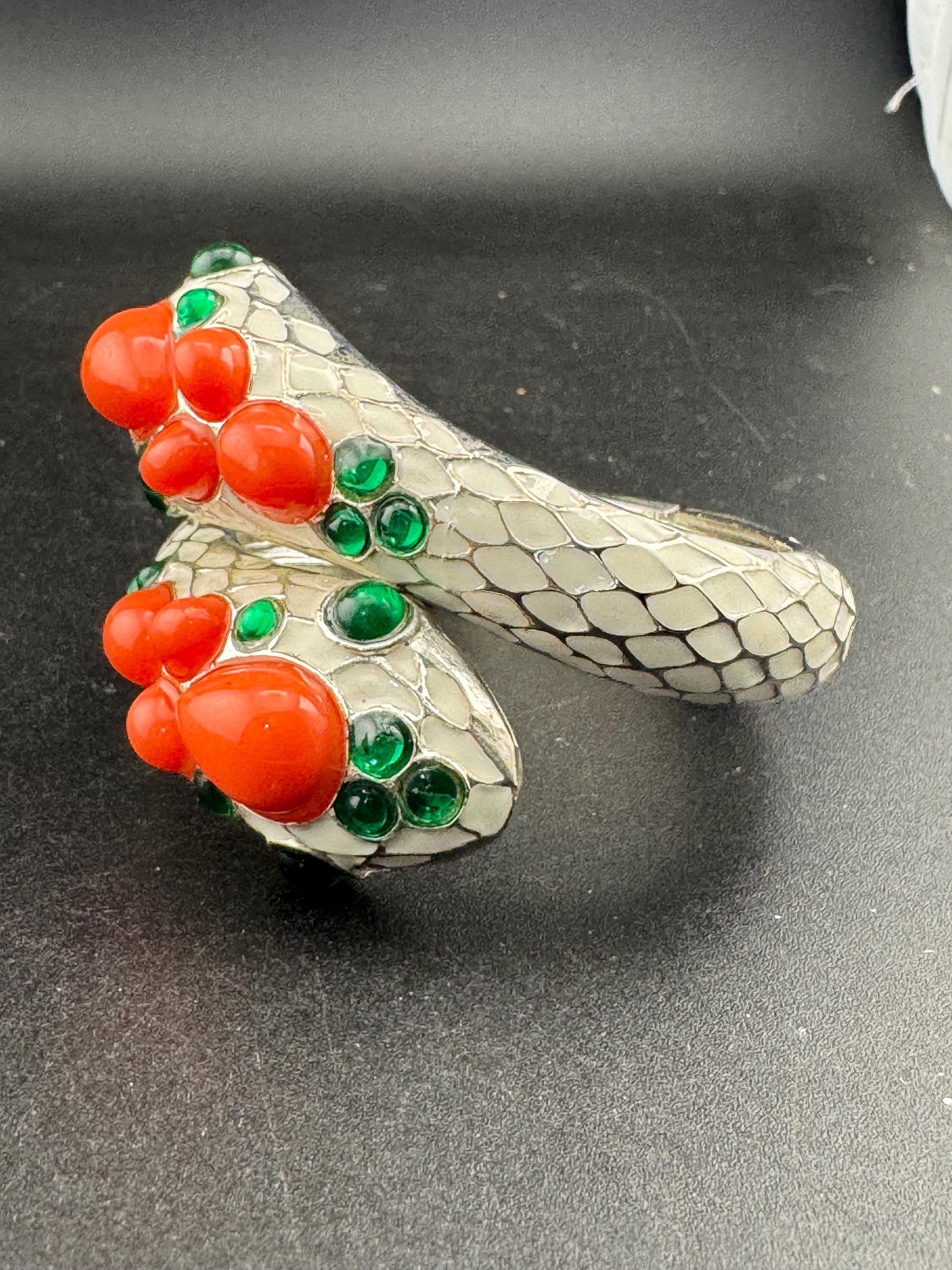 reproduction of Trifari L'Orient Cream Enamel Snake Bracelet: Retro Coral & Emerald Cuff