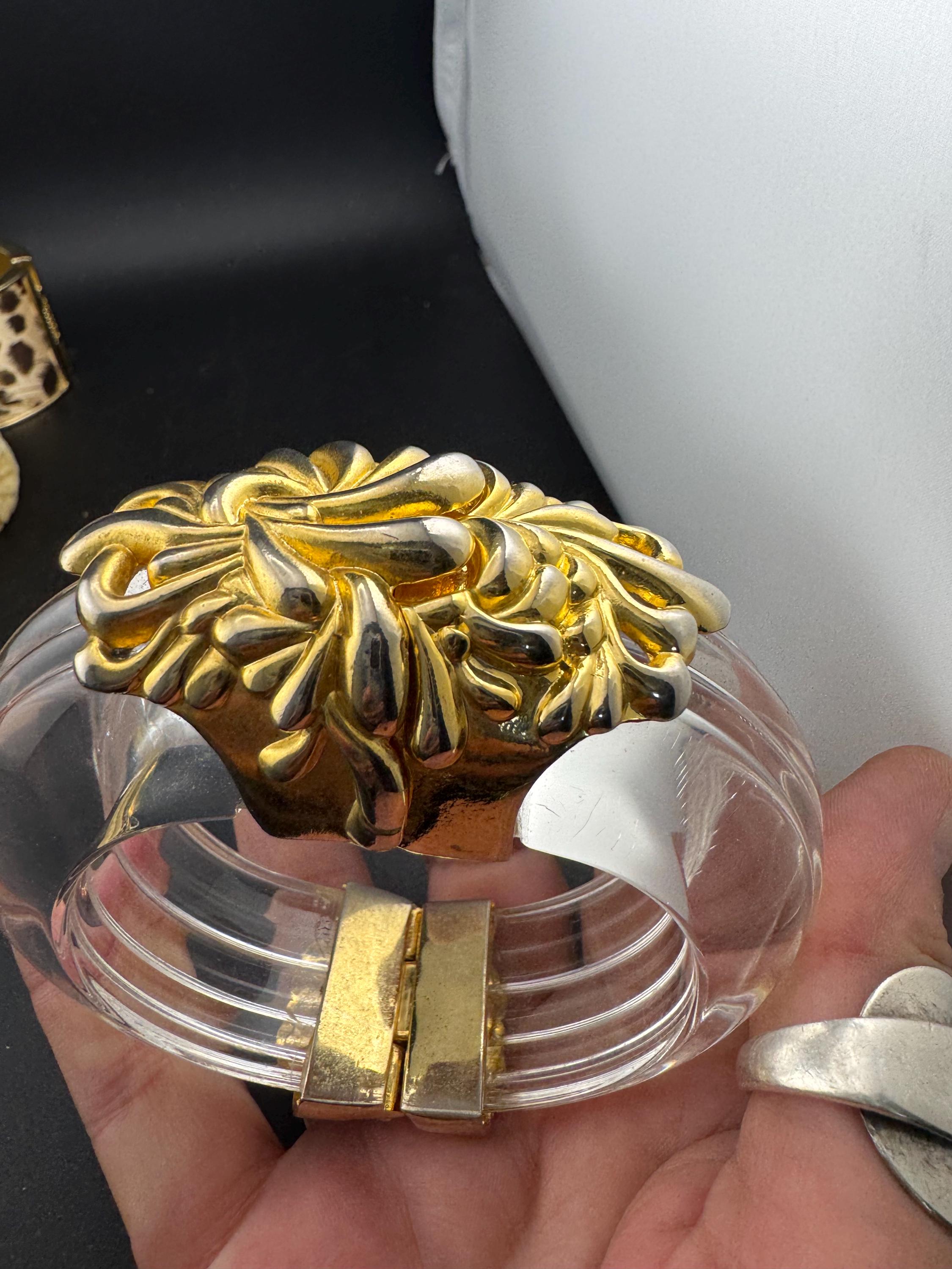 Art Nouveau Chrysanthemum Clamper Bangle: Gold Acrylic Lucite, Retro Repro